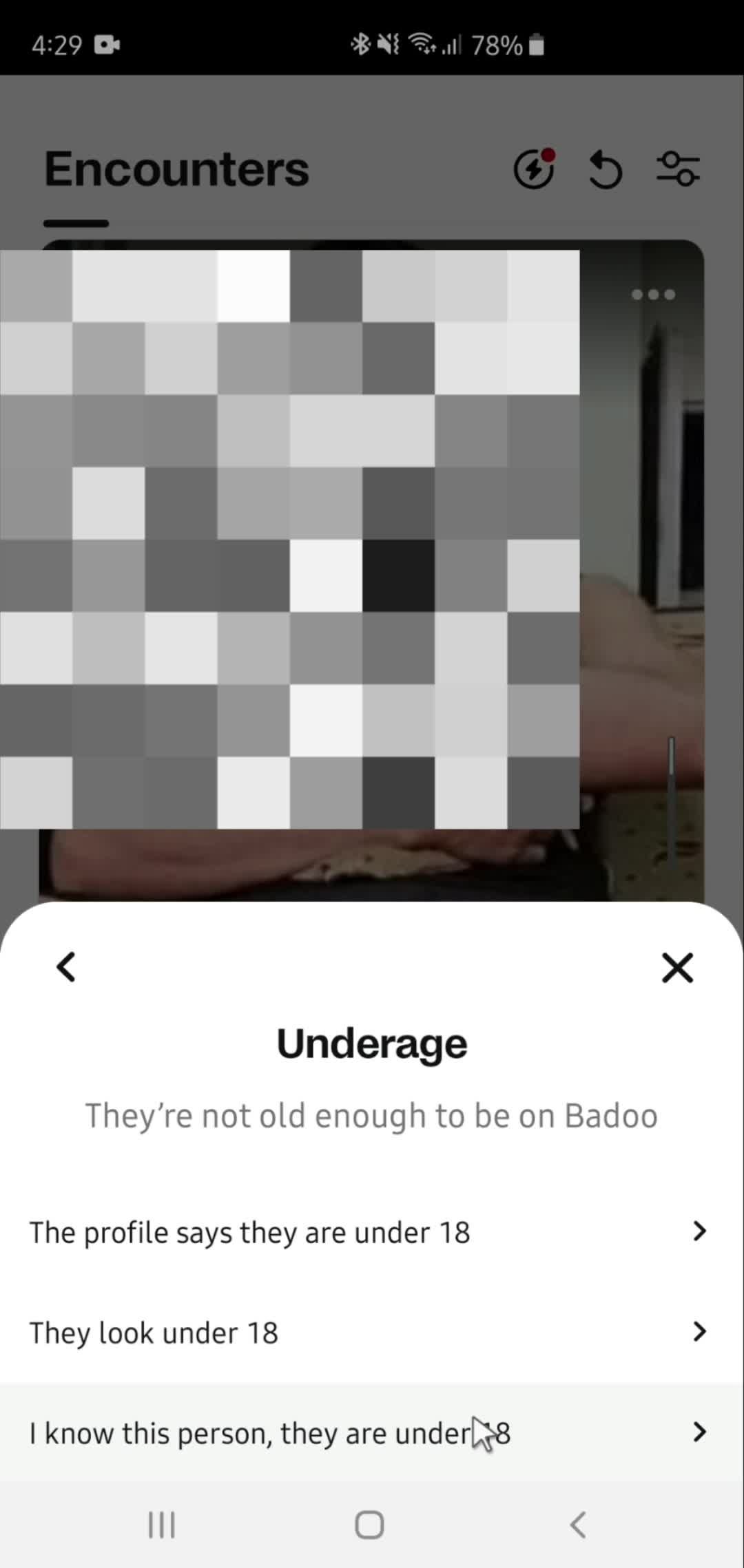 Reporting a user on Badoo video thumbnail