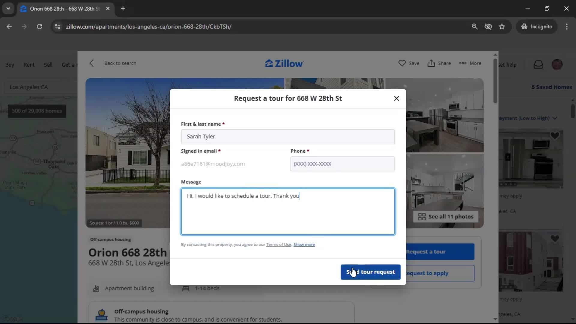 Requesting a tour screenshot