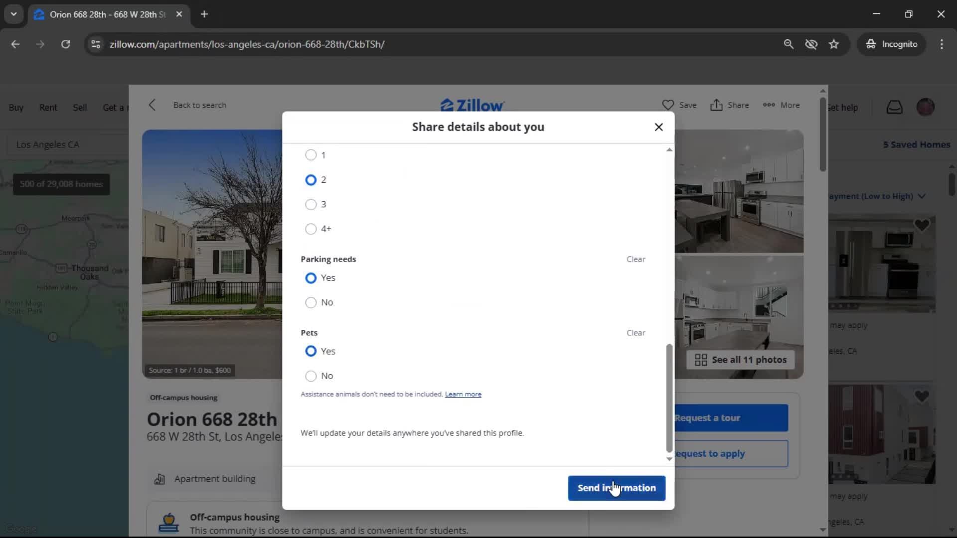 Requesting a tour screenshot