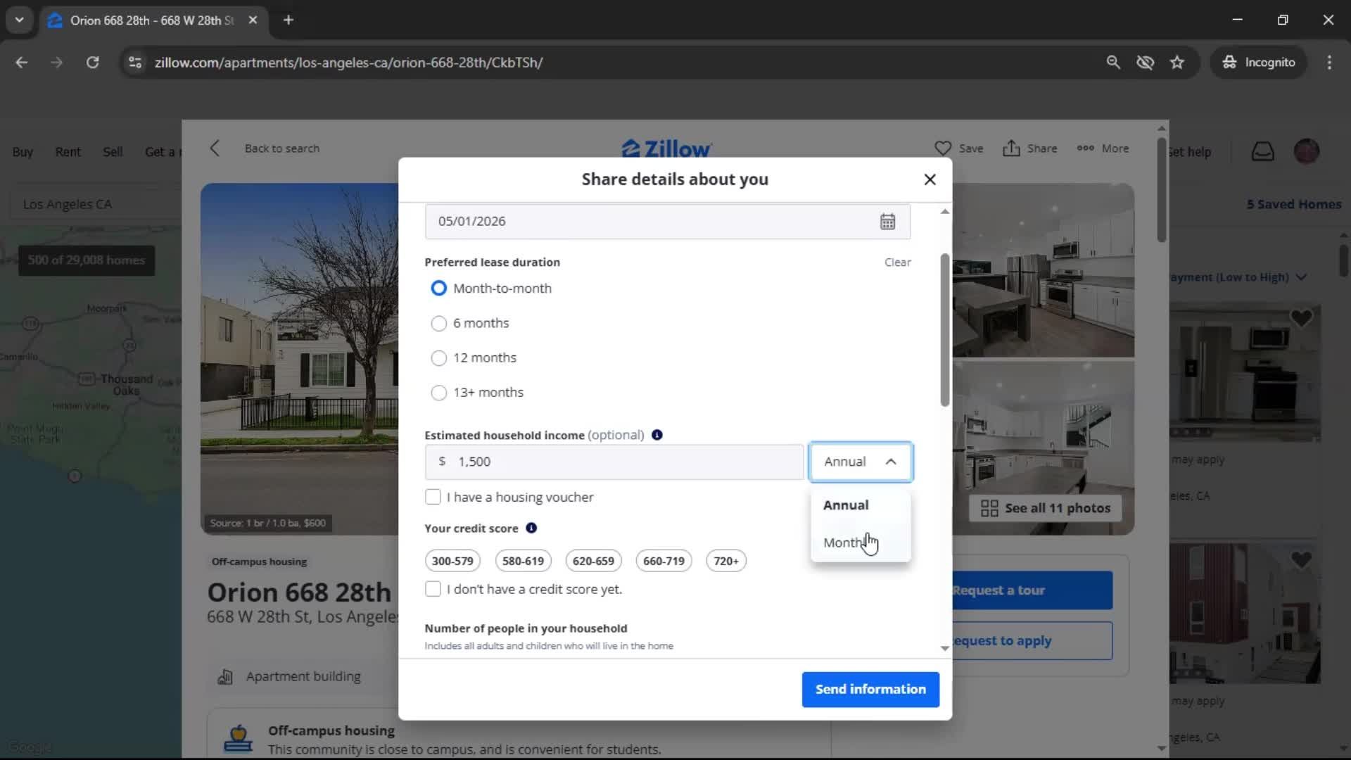 Requesting a tour screenshot