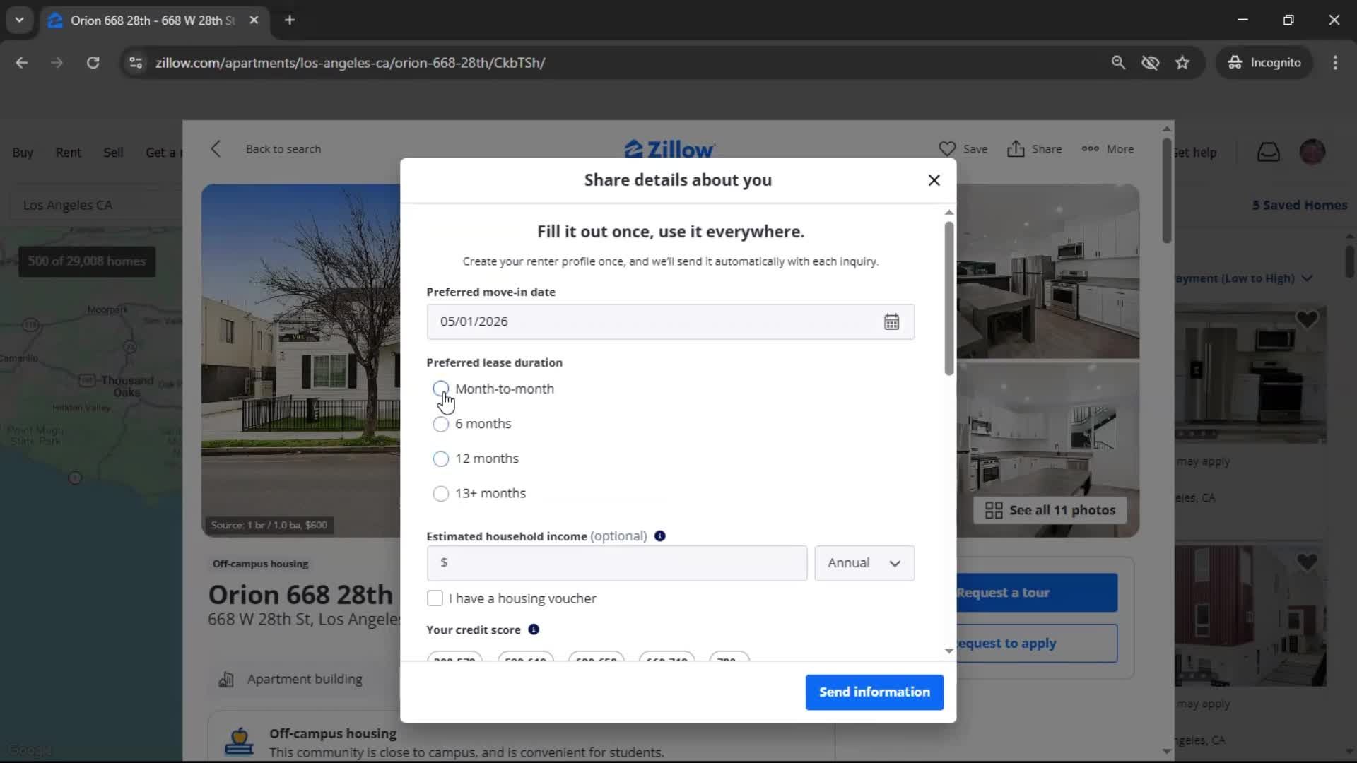 Requesting a tour screenshot