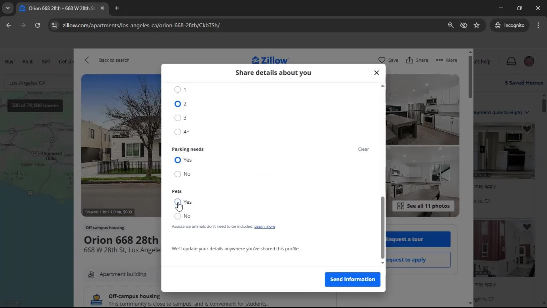 Requesting a tour screenshot