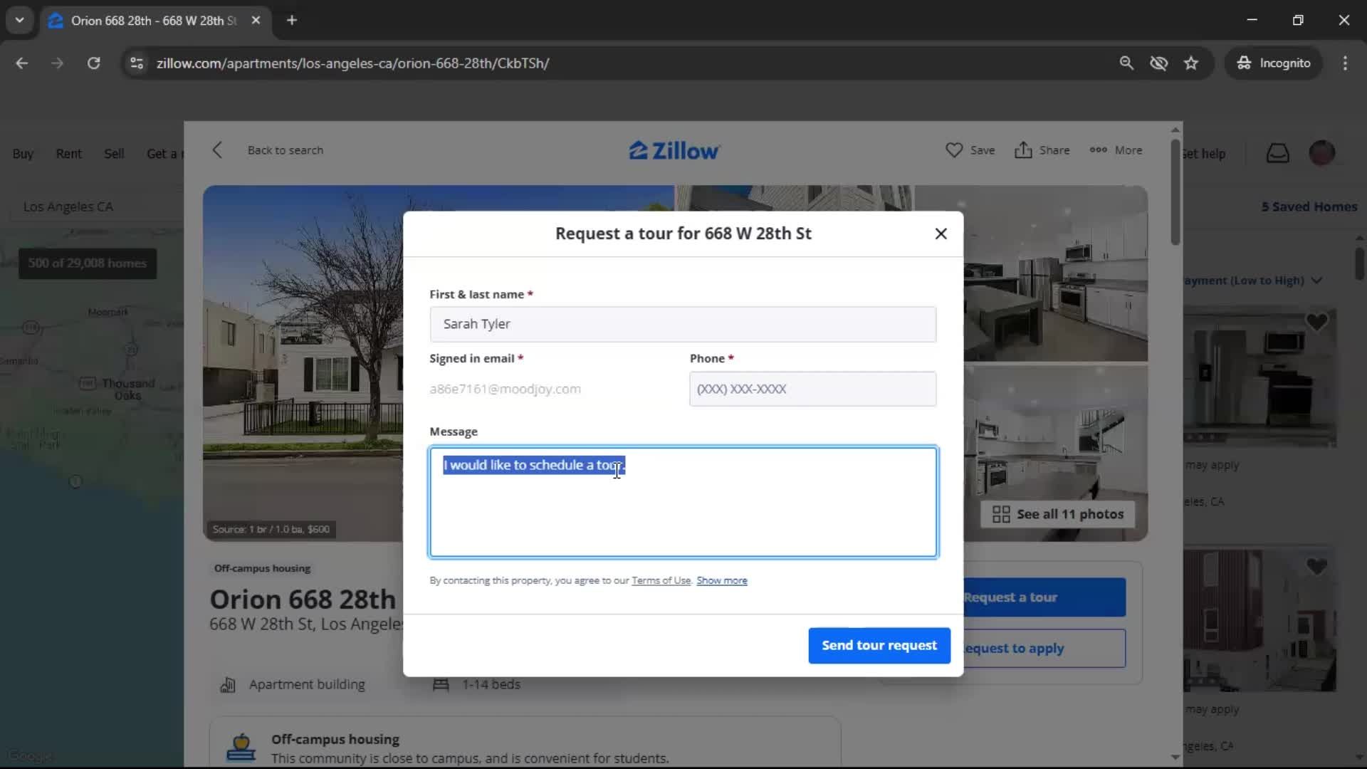 Requesting a tour screenshot