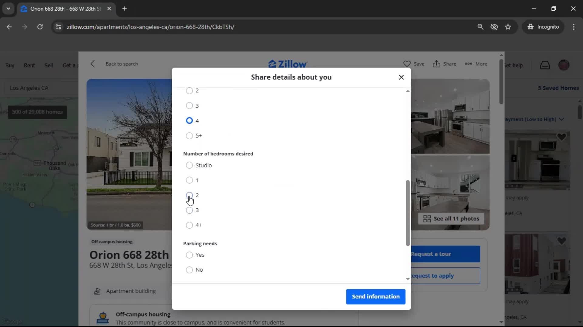 Requesting a tour screenshot