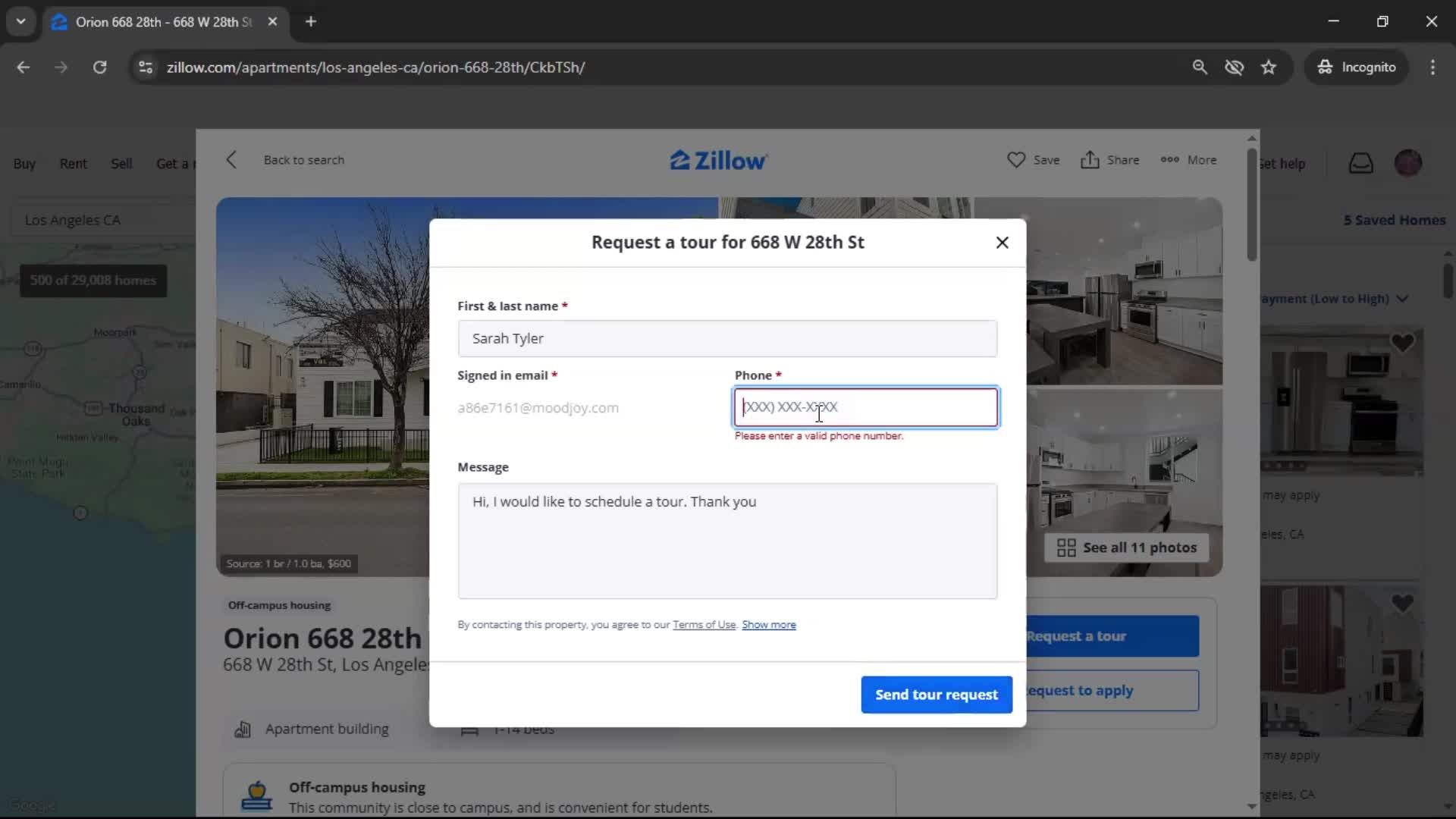 Requesting a tour screenshot