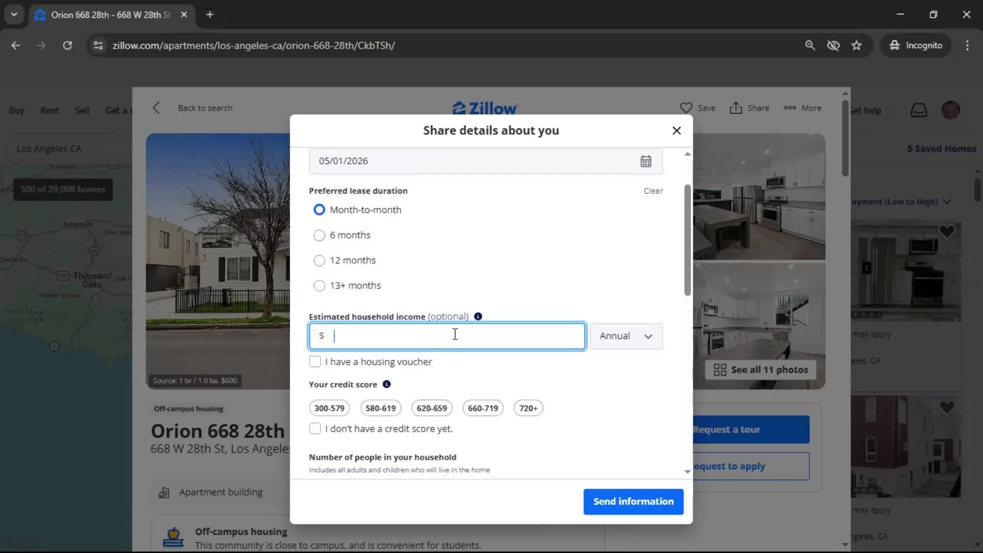 Requesting a tour screenshot