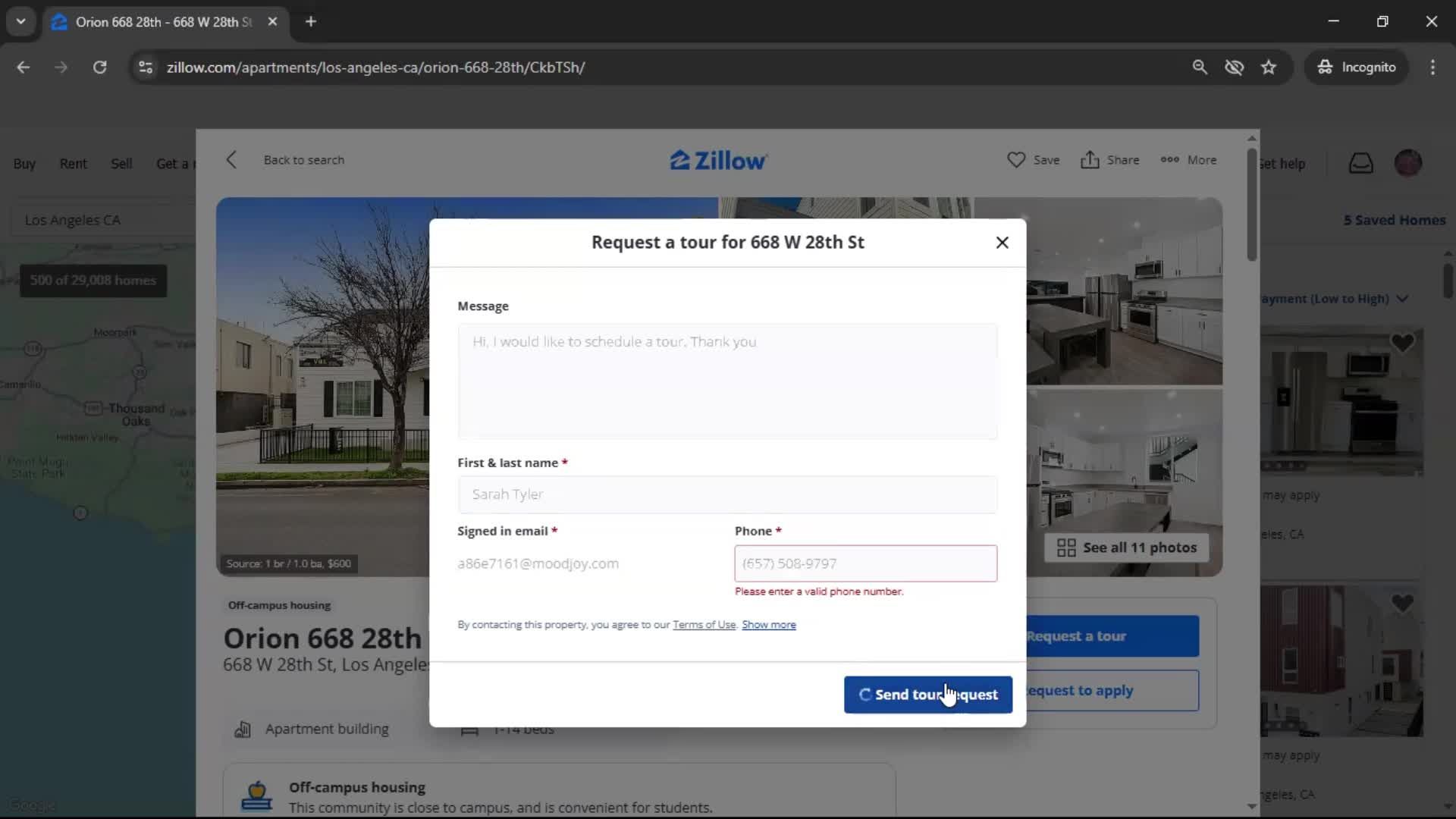 Requesting a tour screenshot