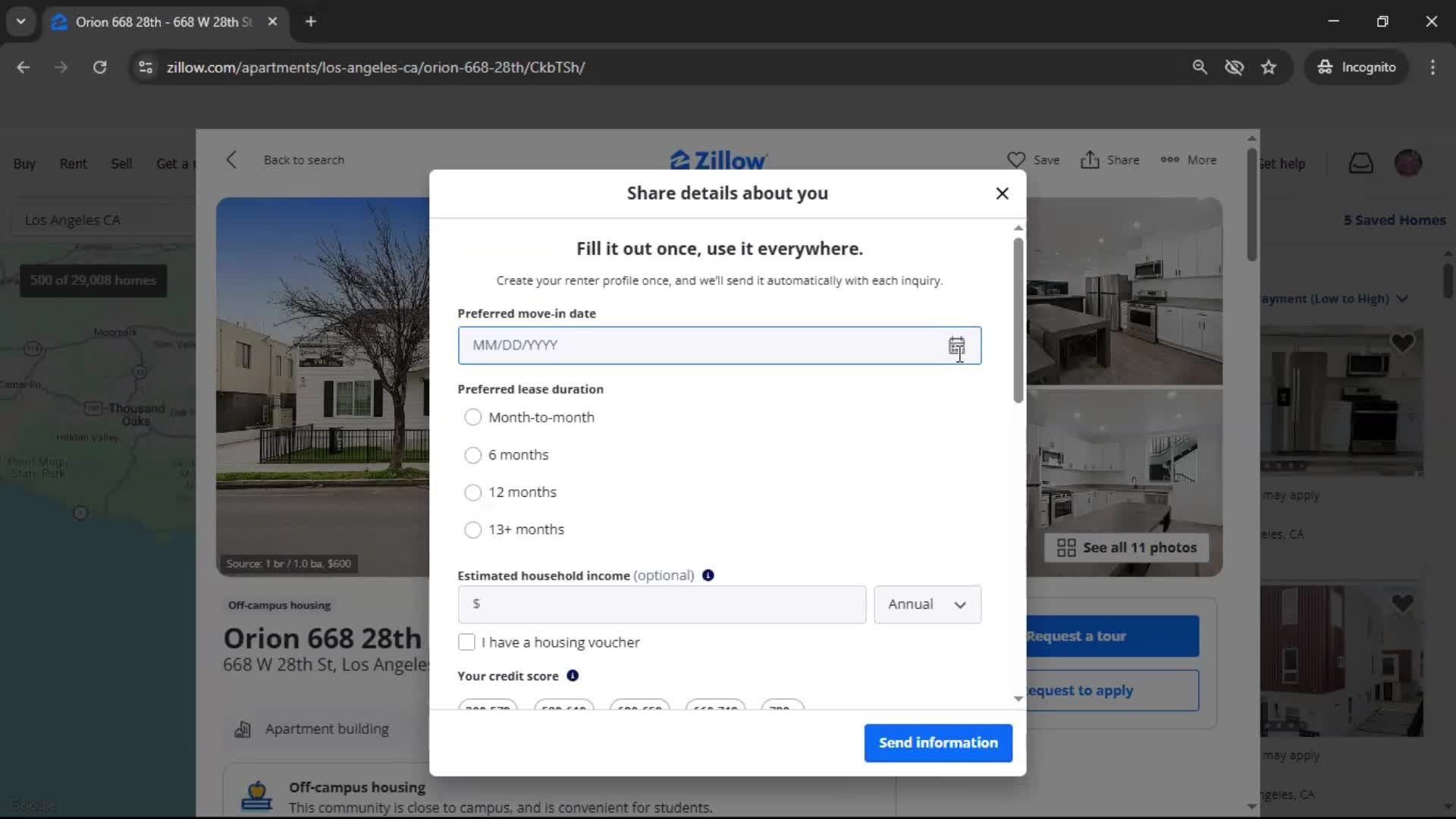 Requesting a tour screenshot
