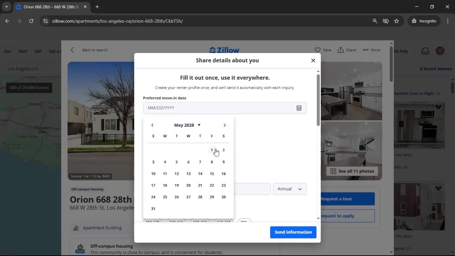 Requesting a tour screenshot