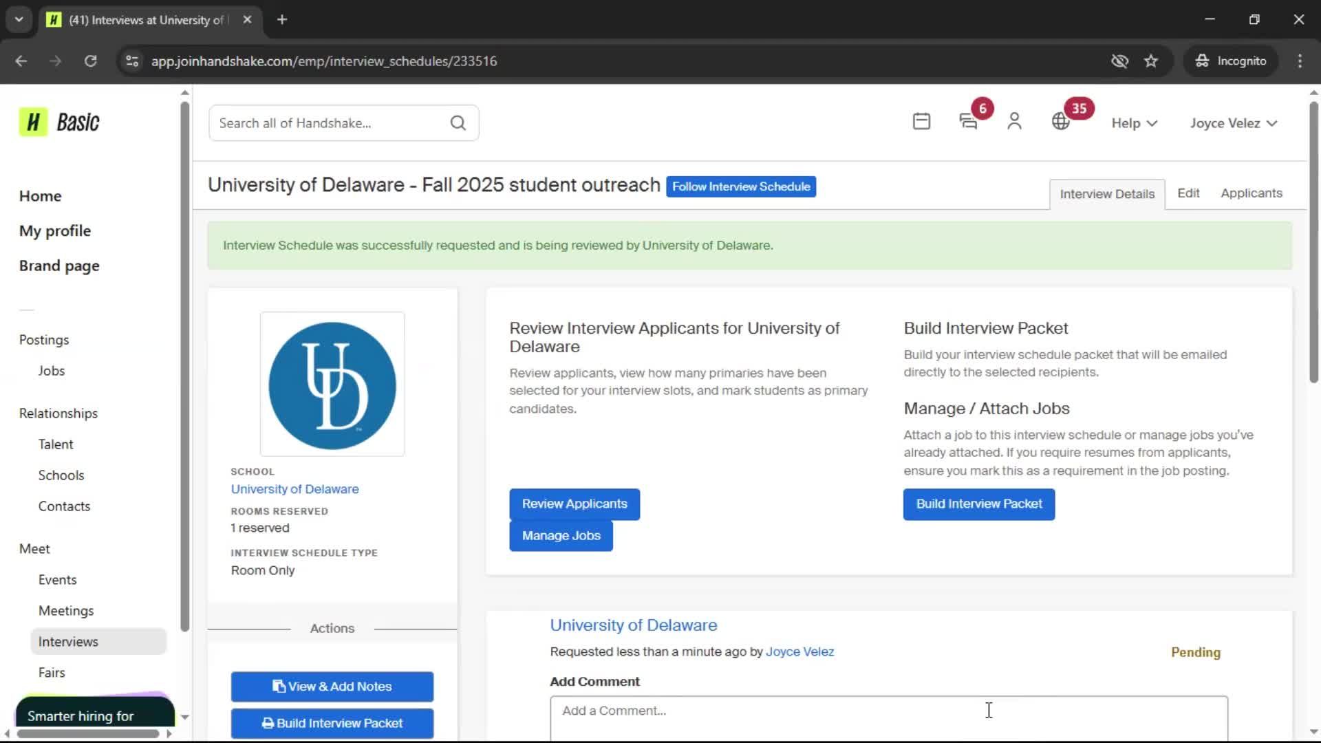 Requesting interview schedule screenshot