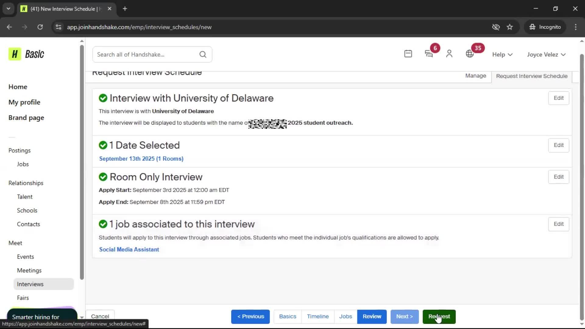 Requesting interview schedule screenshot