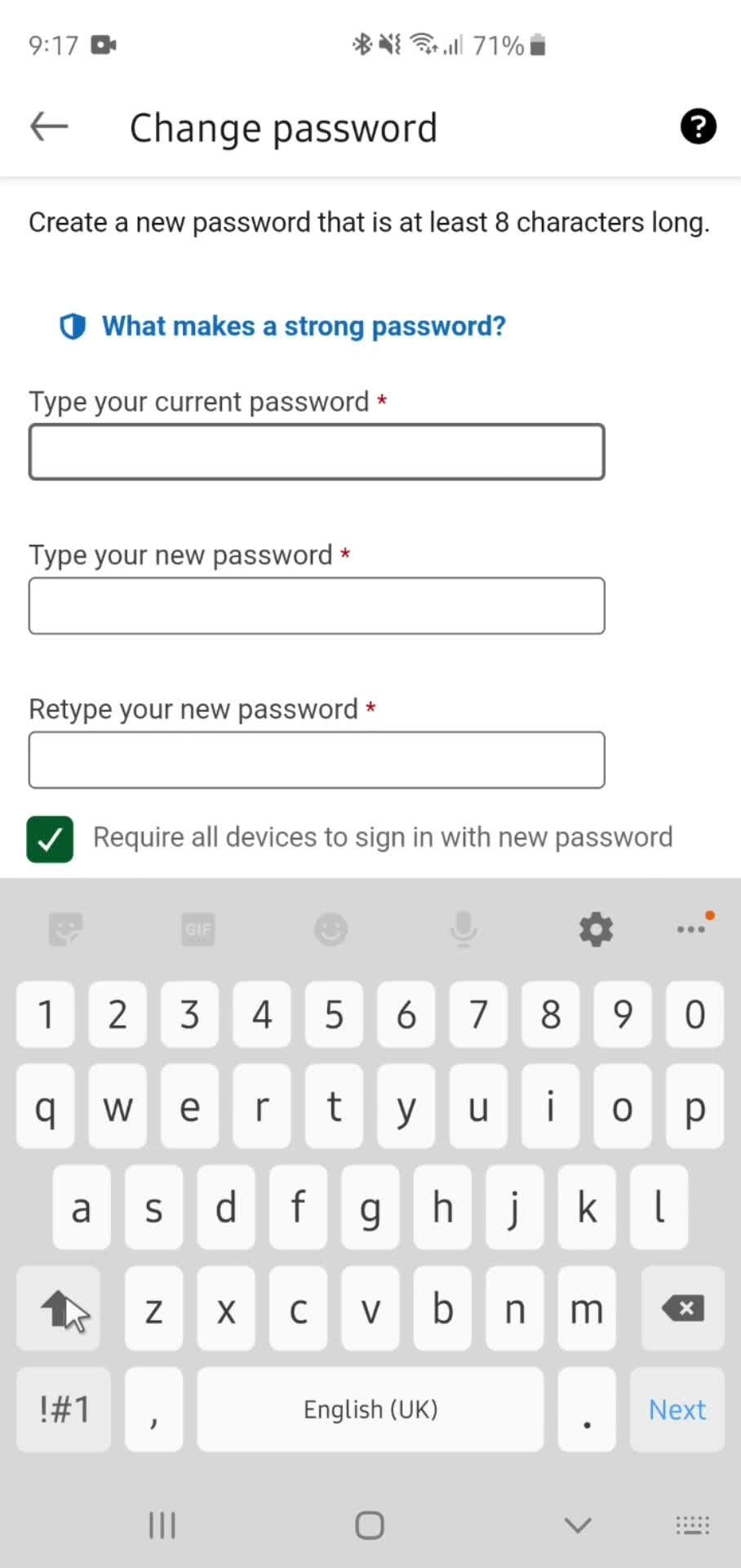 Changing password screenshot