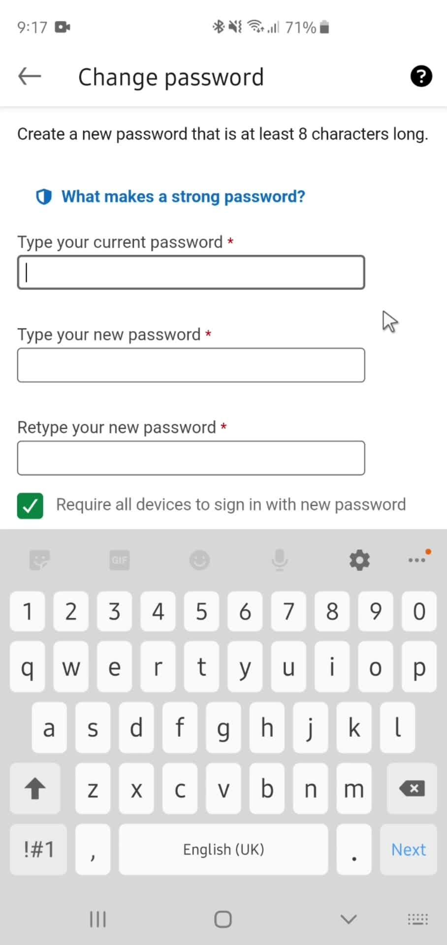 Changing password screenshot