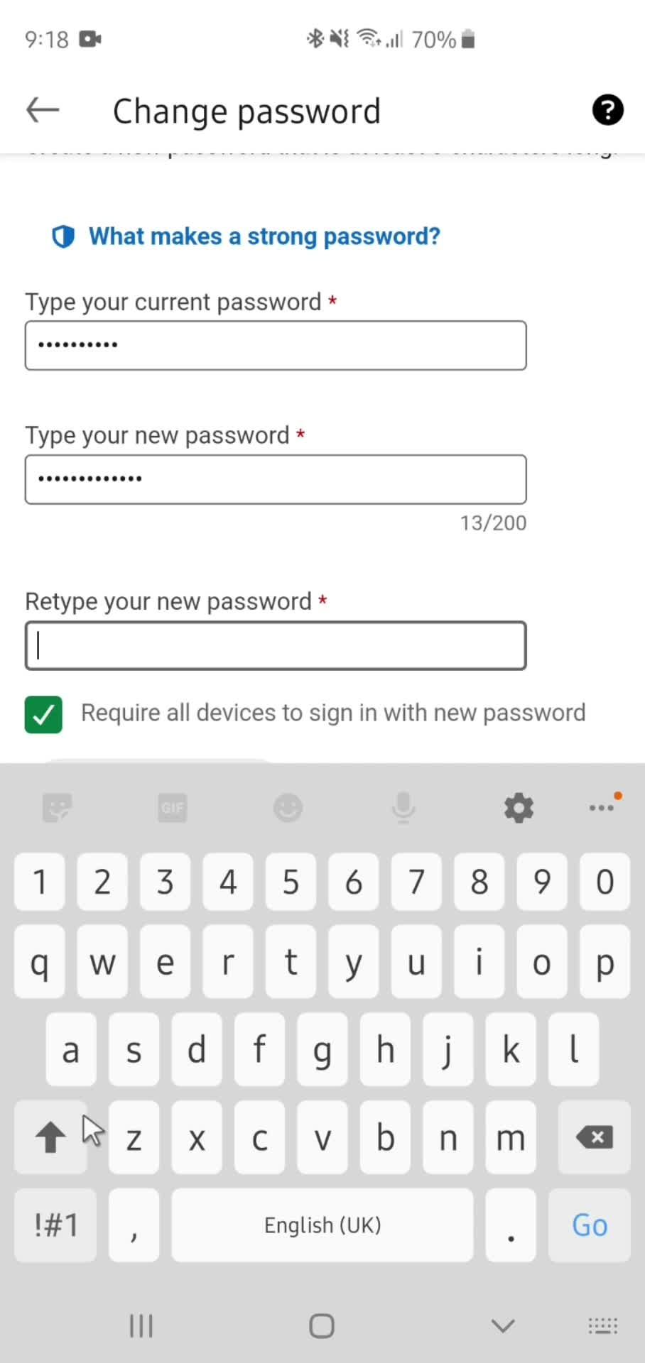 Changing password screenshot