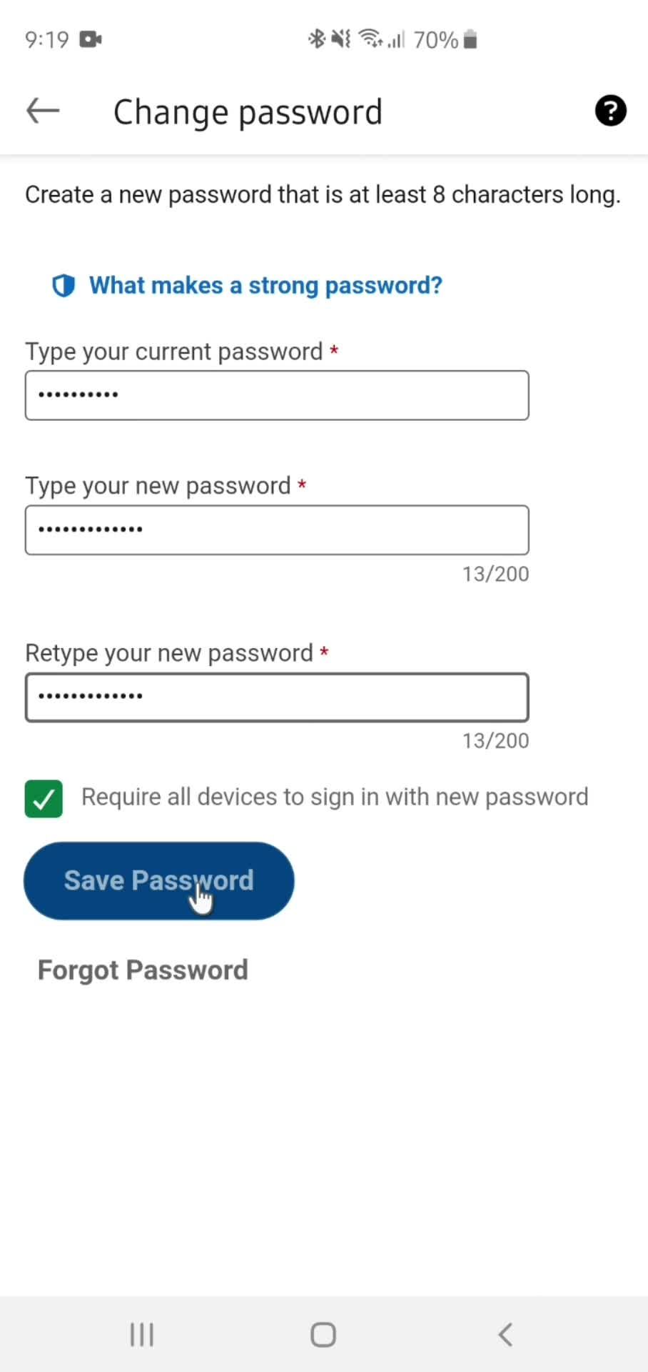 Changing password screenshot