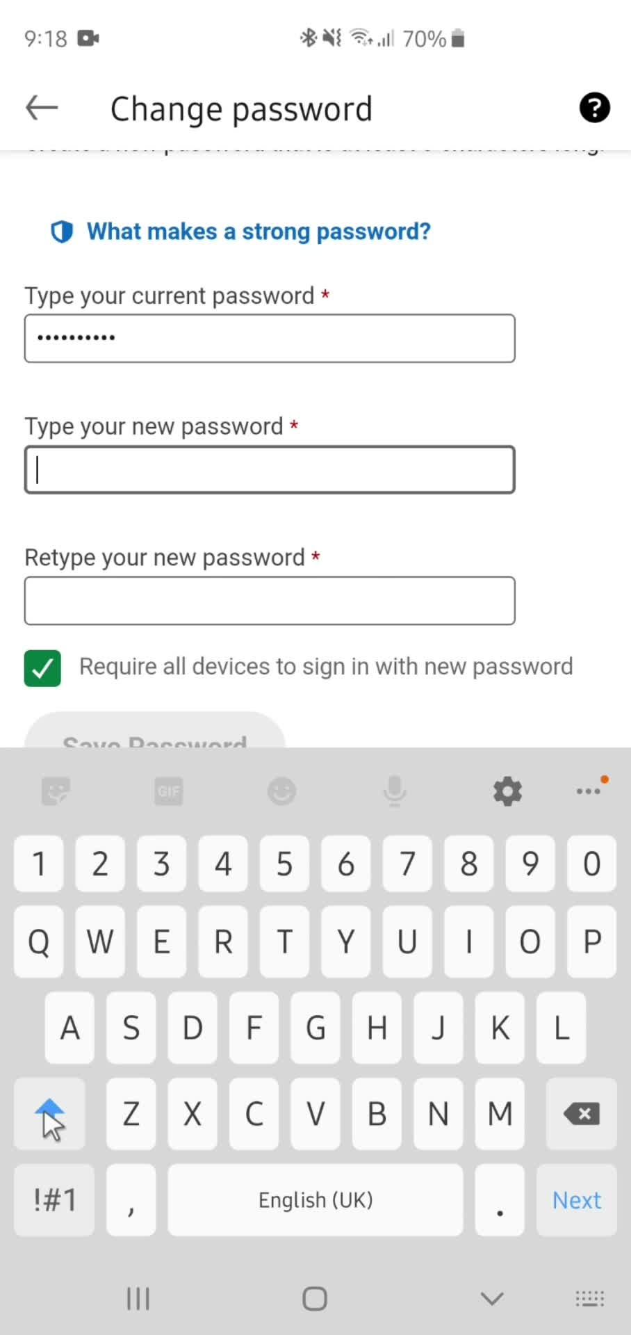 Changing password screenshot