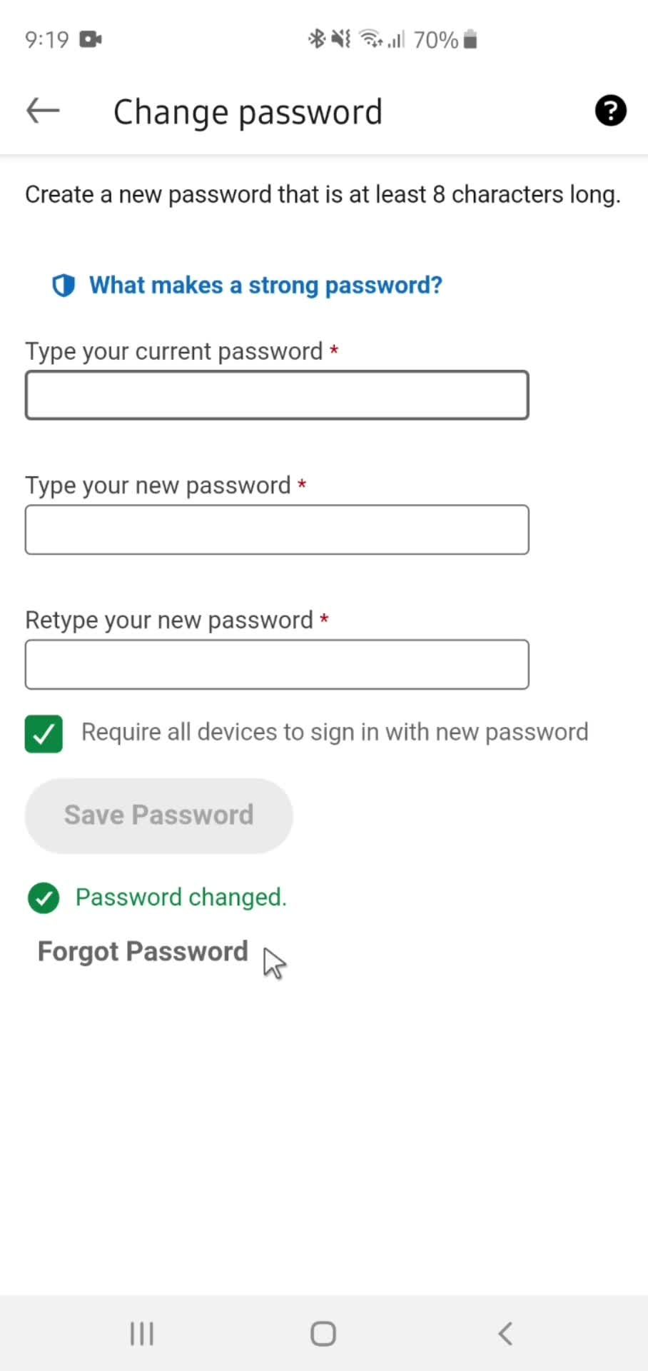 Changing password screenshot