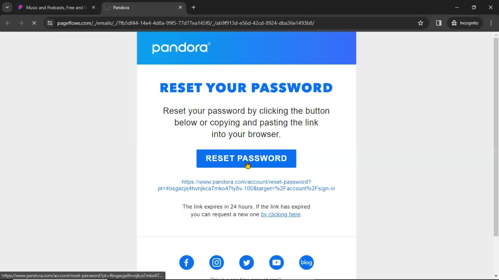 Resetting password on Pandora video thumbnail