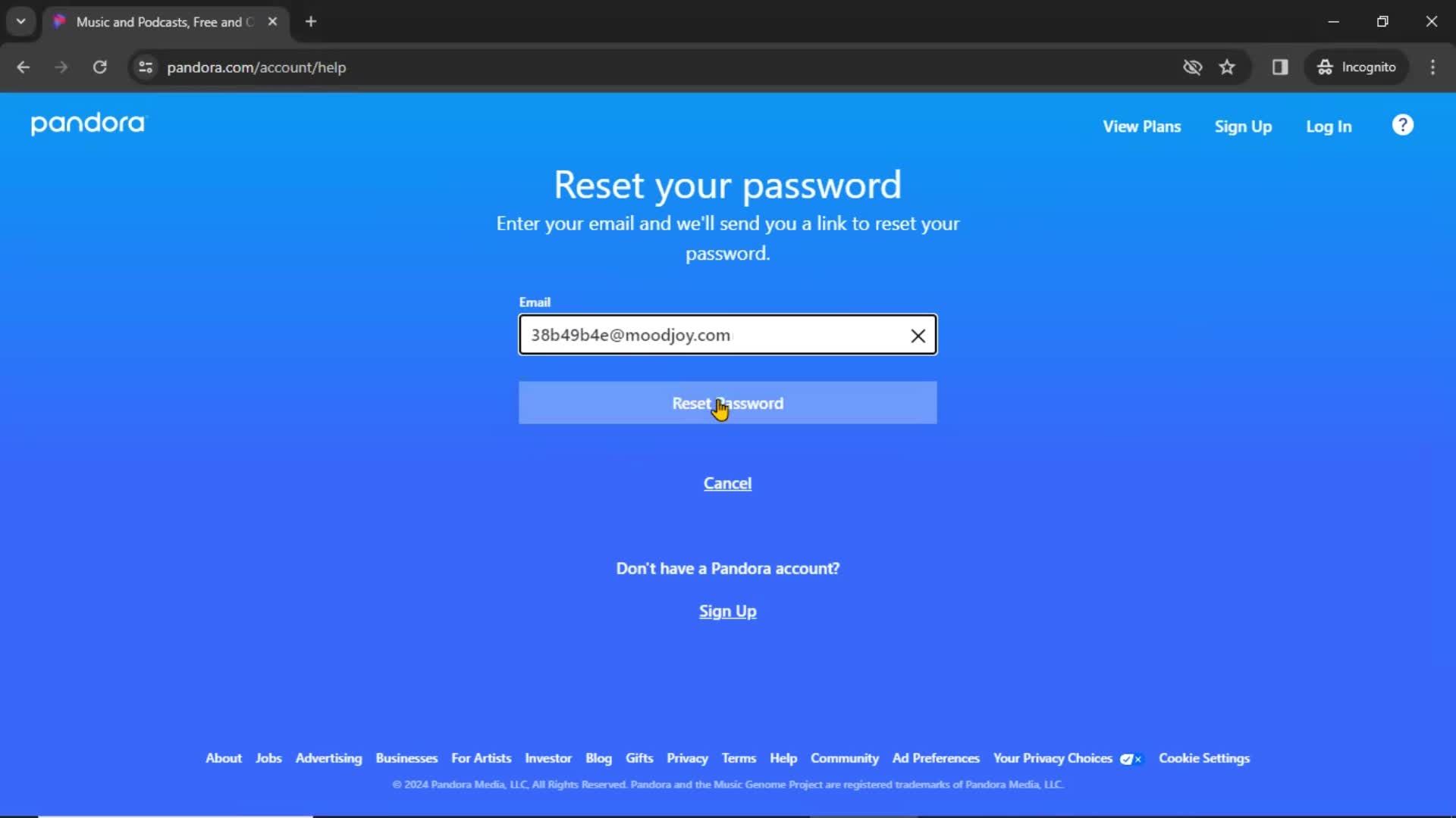 Resetting password screenshot