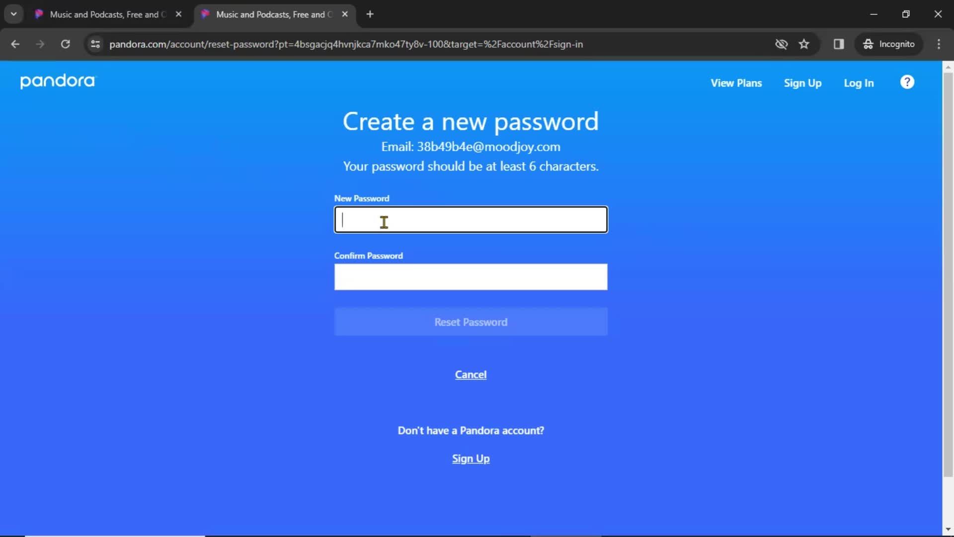 Resetting password screenshot