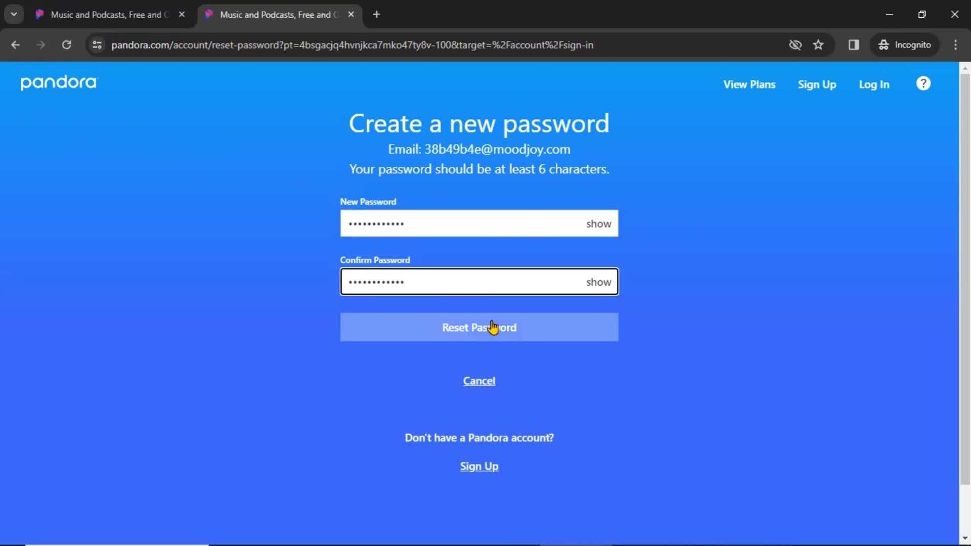 Resetting password screenshot