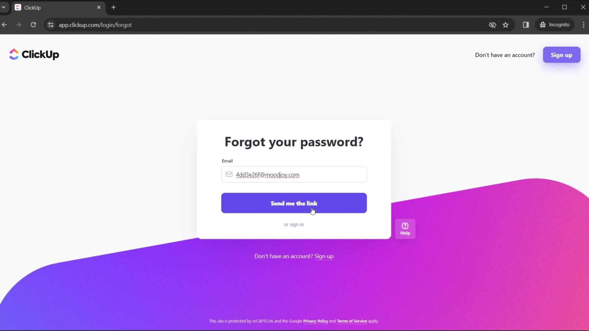 Resetting password screenshot