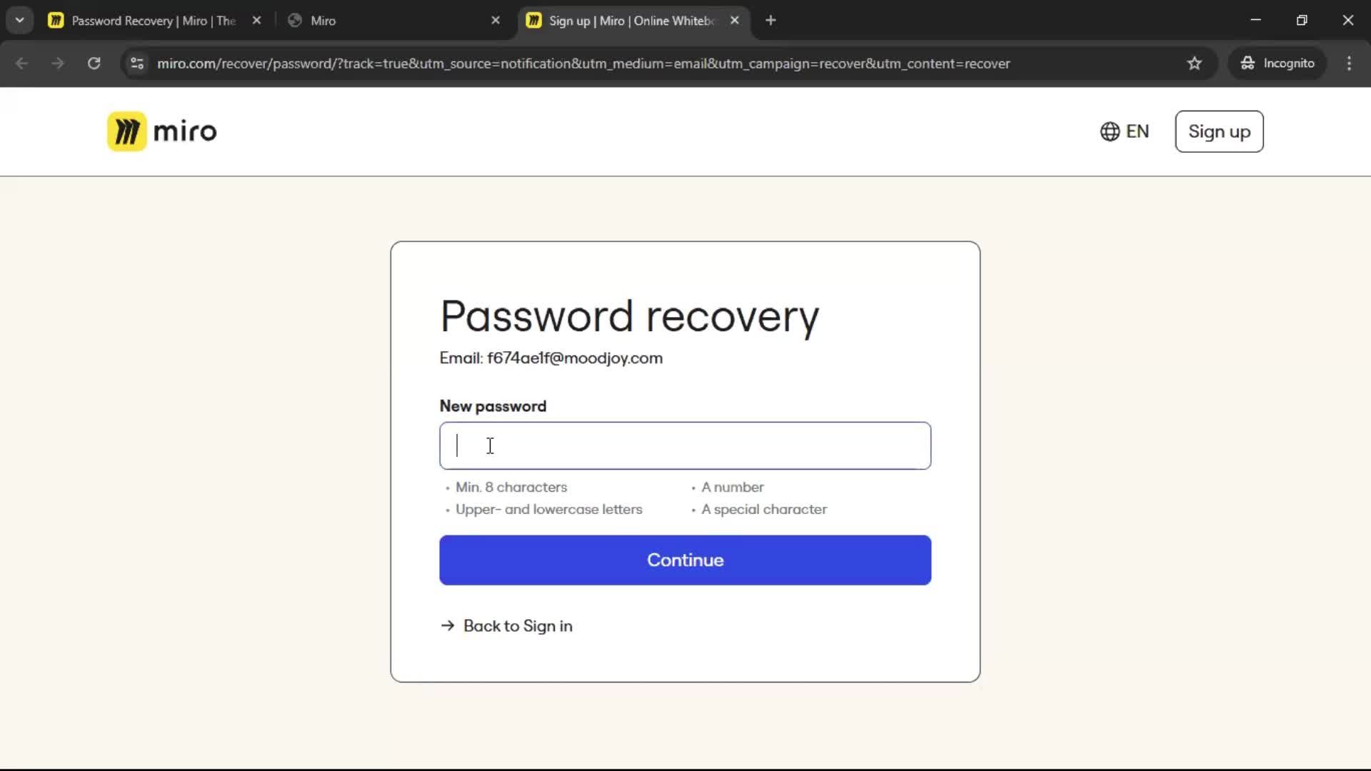 Resetting password screenshot