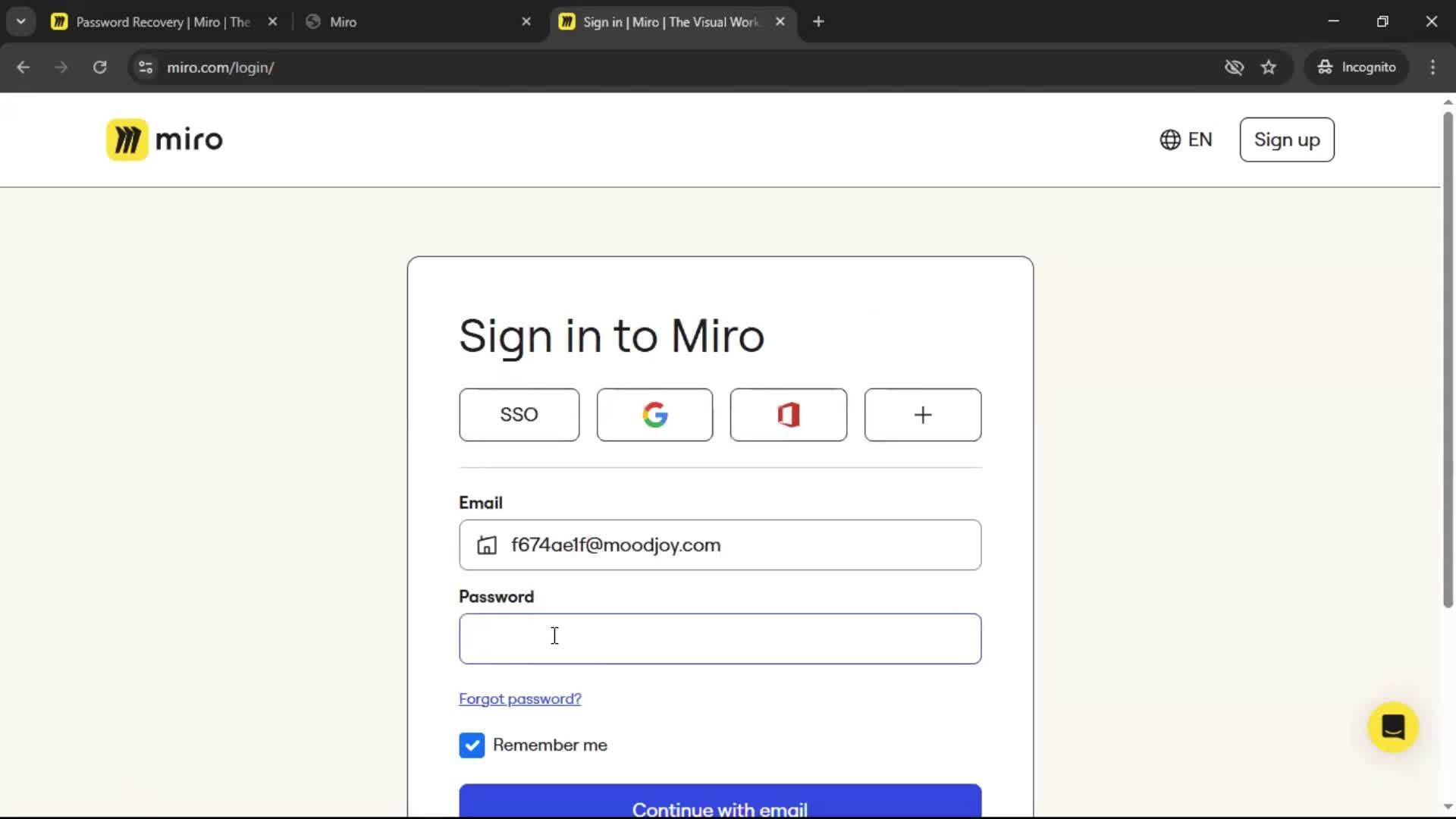 Resetting password screenshot
