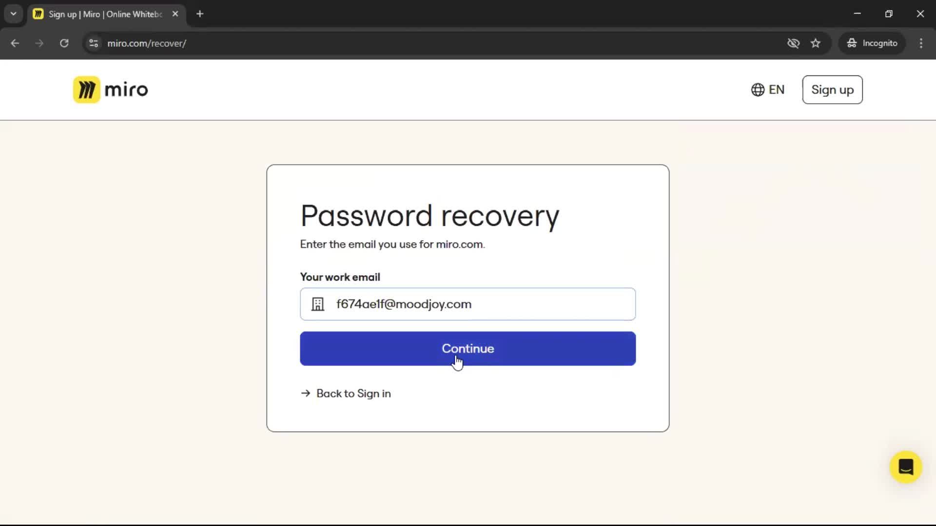 Resetting password screenshot