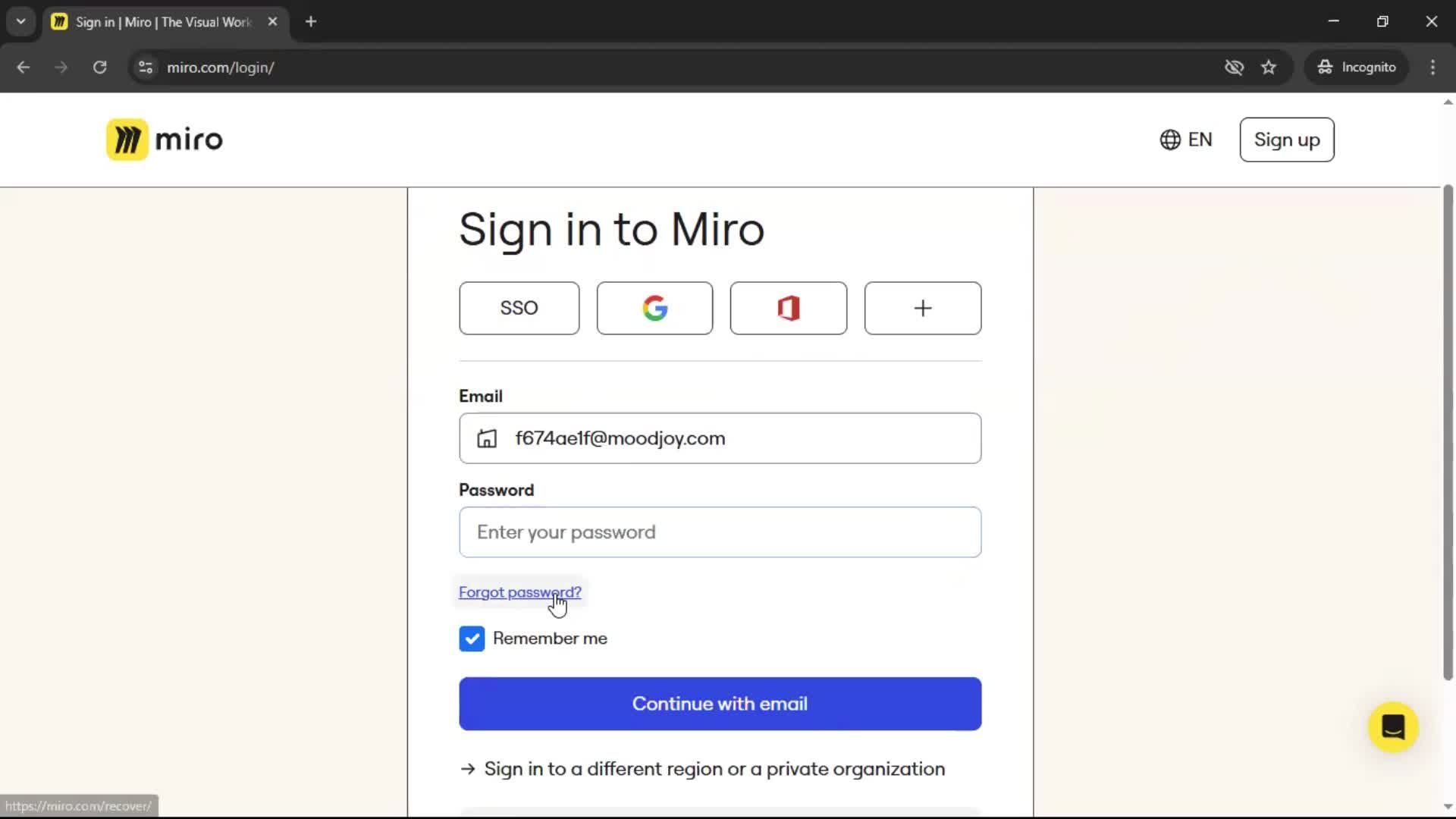 Resetting password screenshot