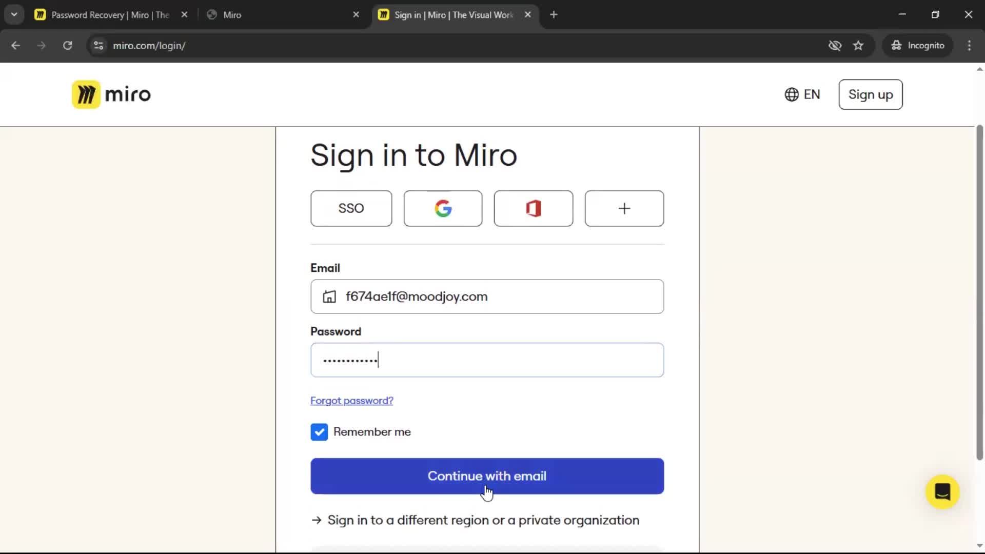 Resetting password screenshot
