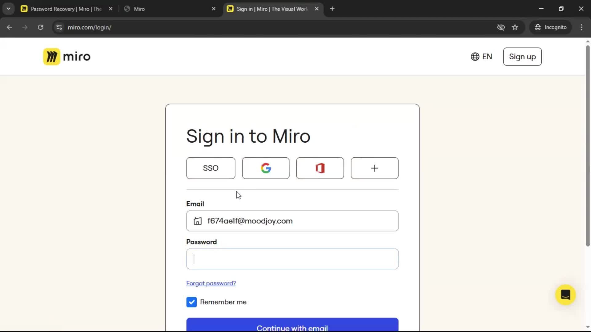 Resetting password screenshot