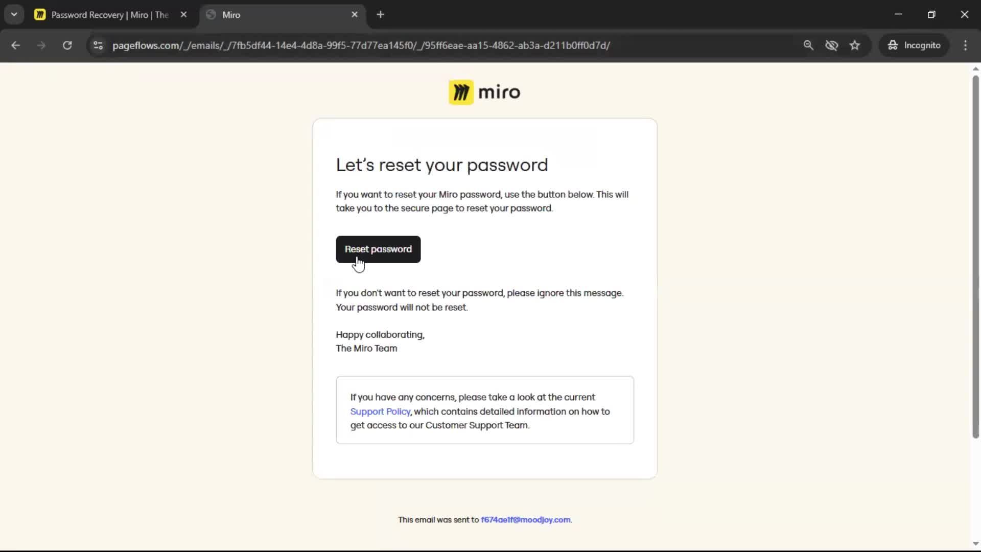 Resetting password screenshot