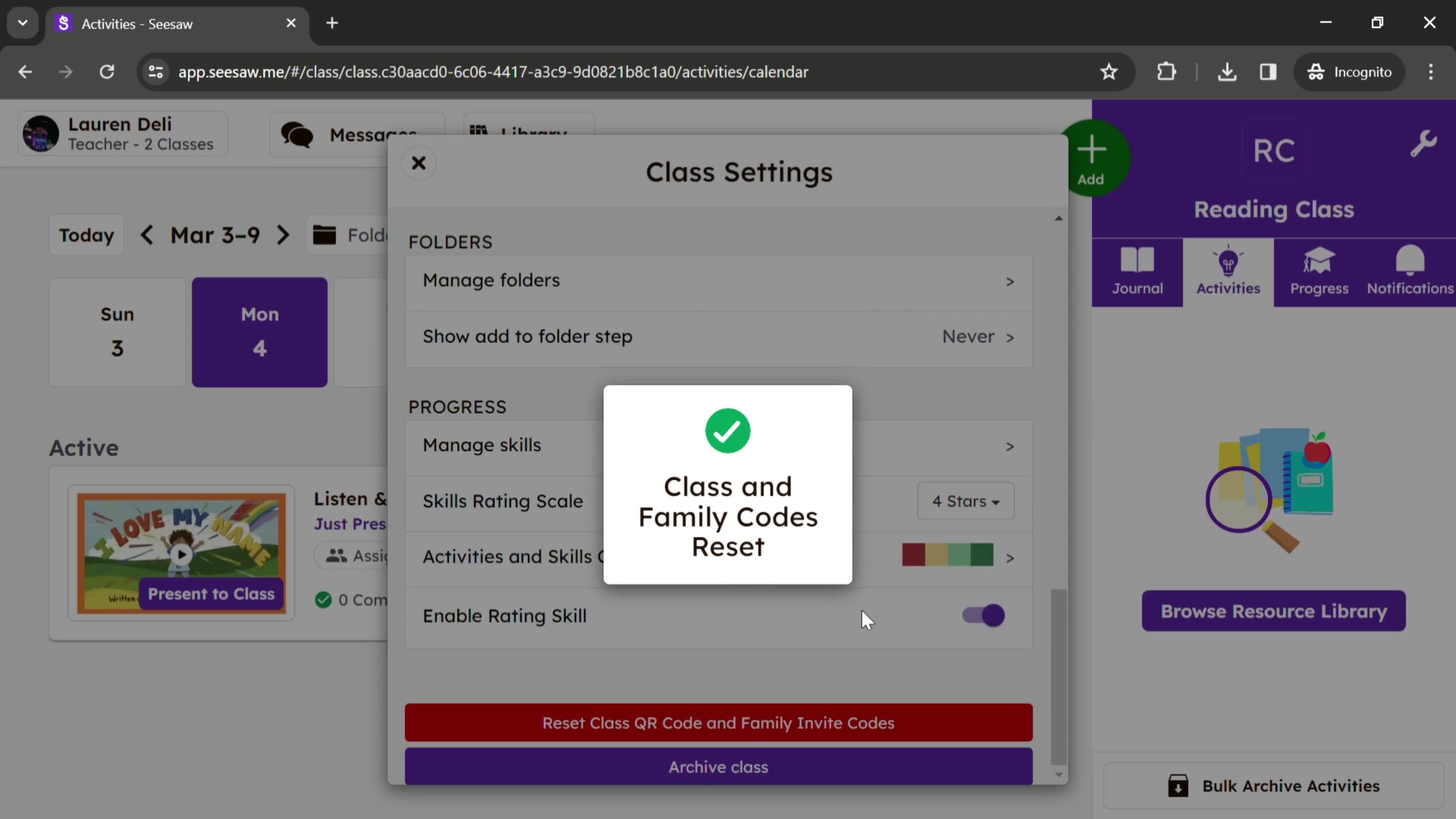 Resetting class and family codes screenshot