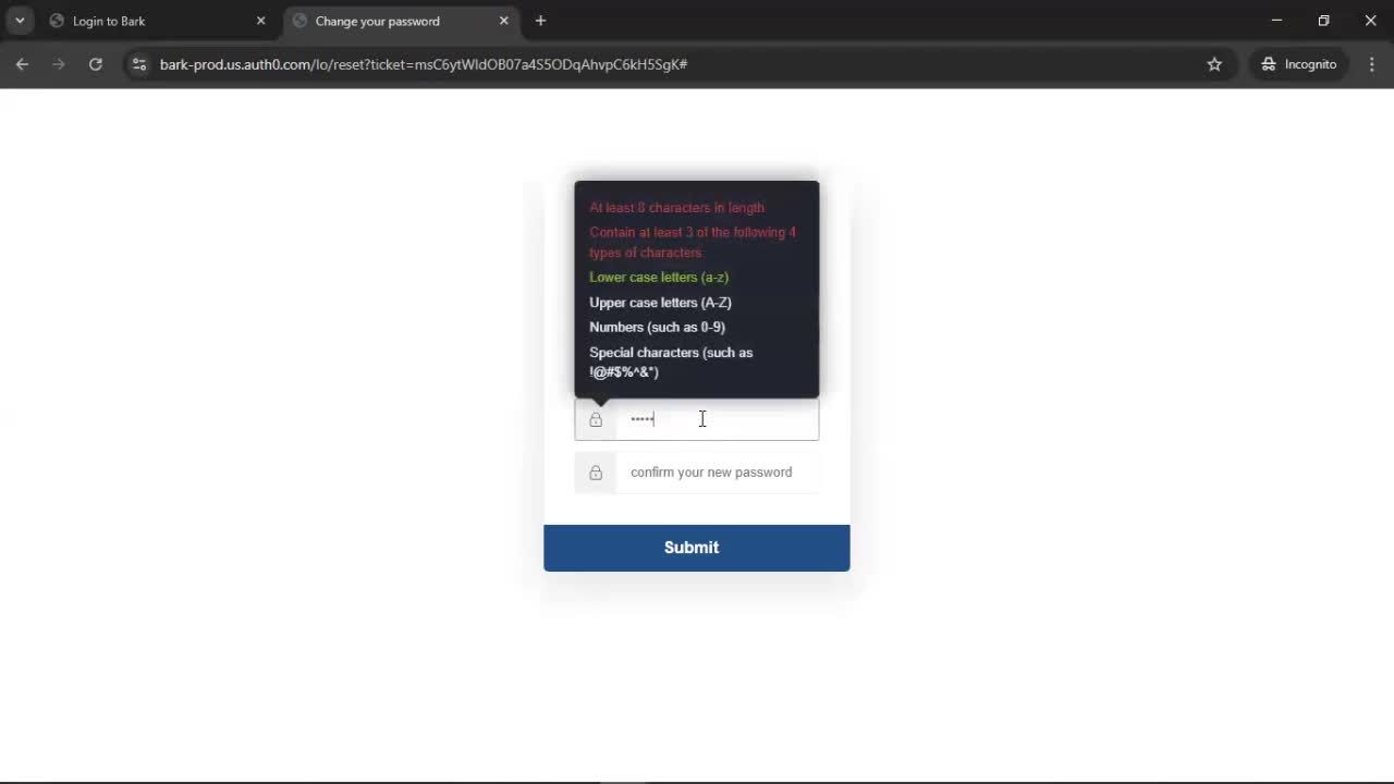 Resetting password screenshot