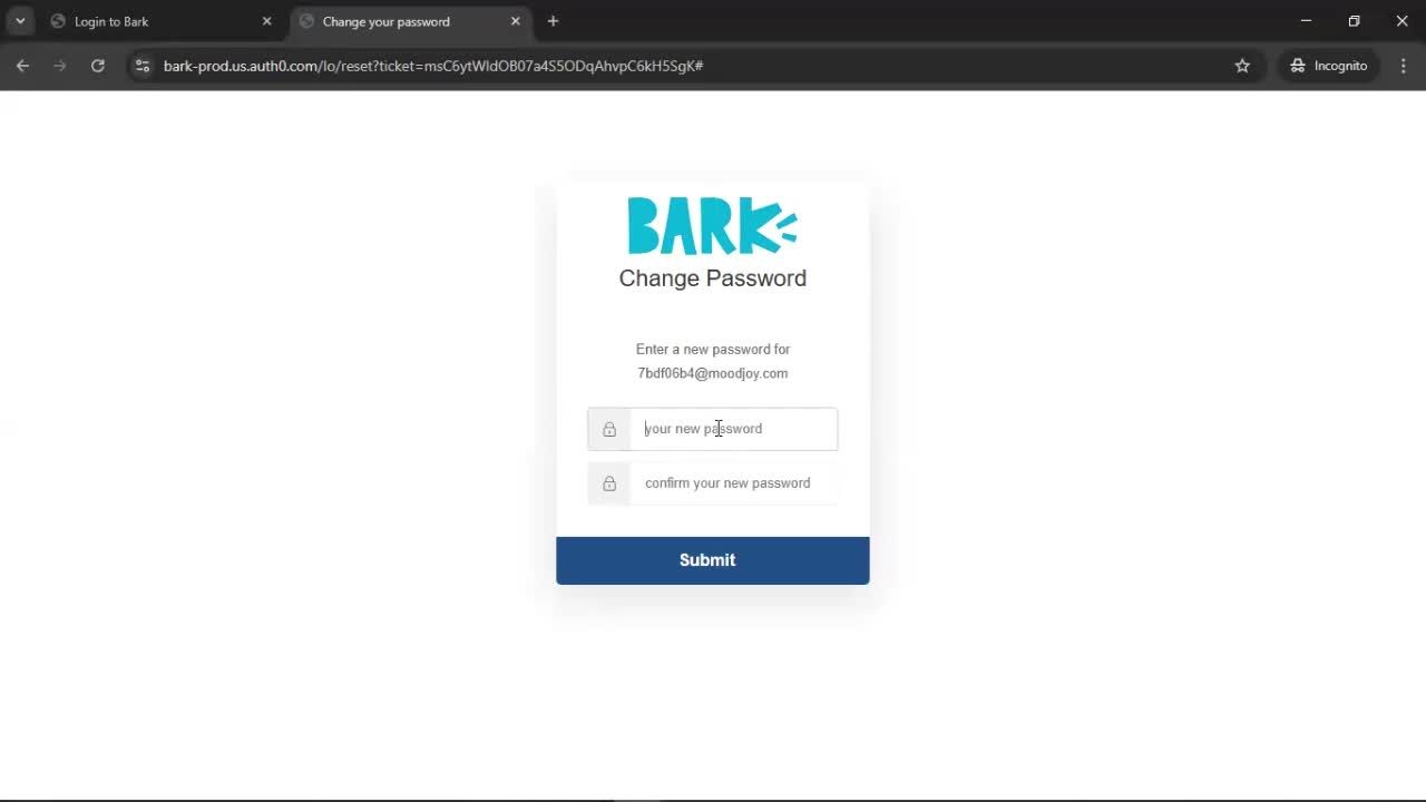 Resetting password screenshot