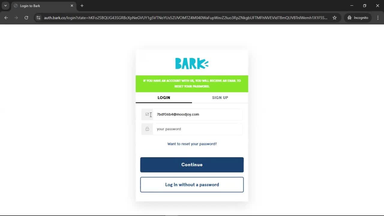 Resetting password screenshot