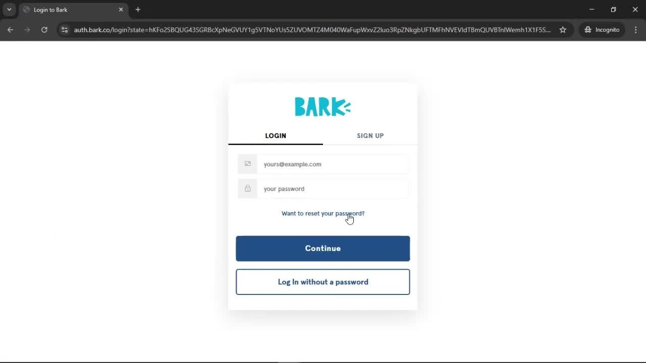 Resetting password screenshot