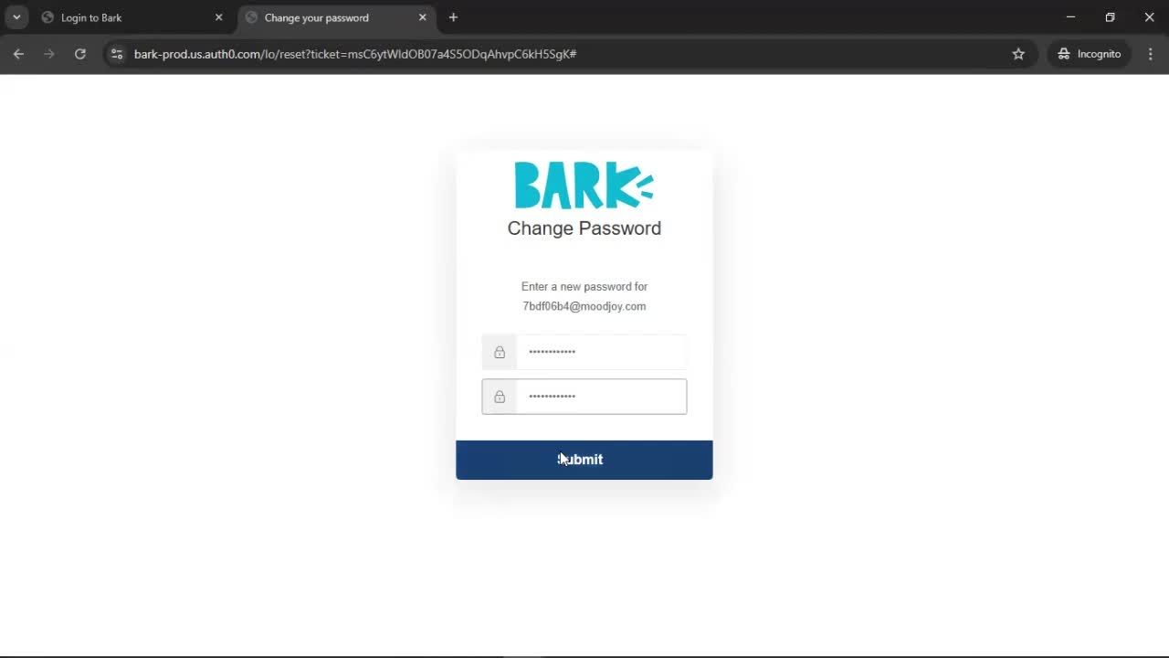 Resetting password screenshot
