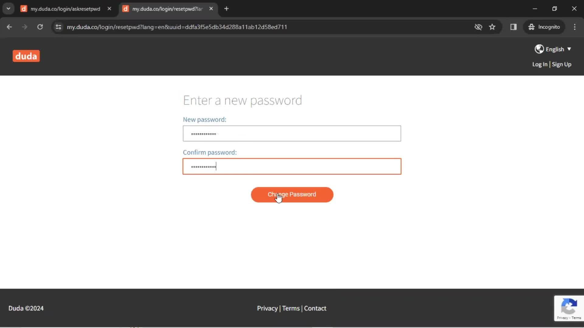 Resetting password screenshot