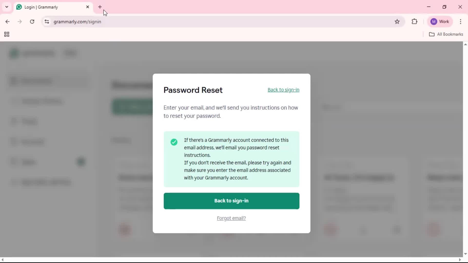 Resetting password screenshot