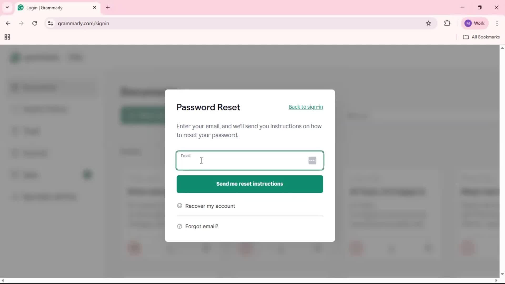 Resetting password screenshot