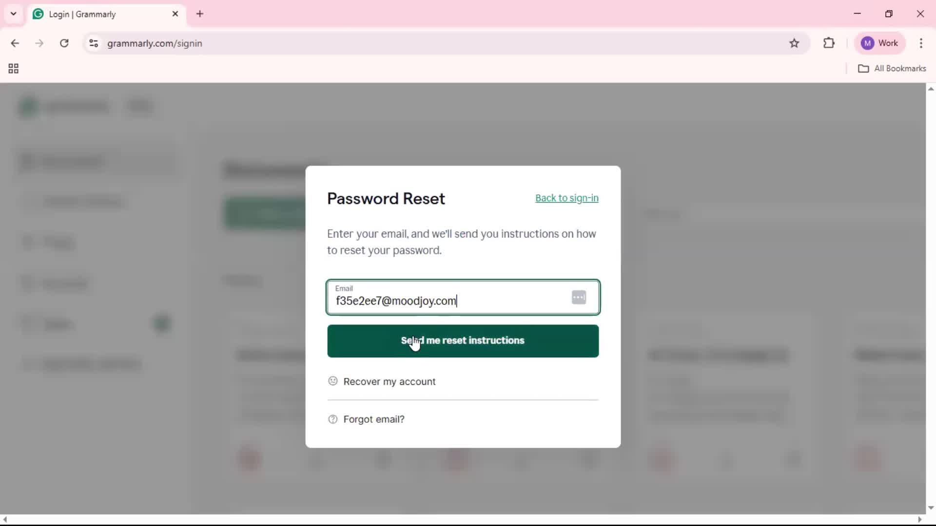 Resetting password screenshot
