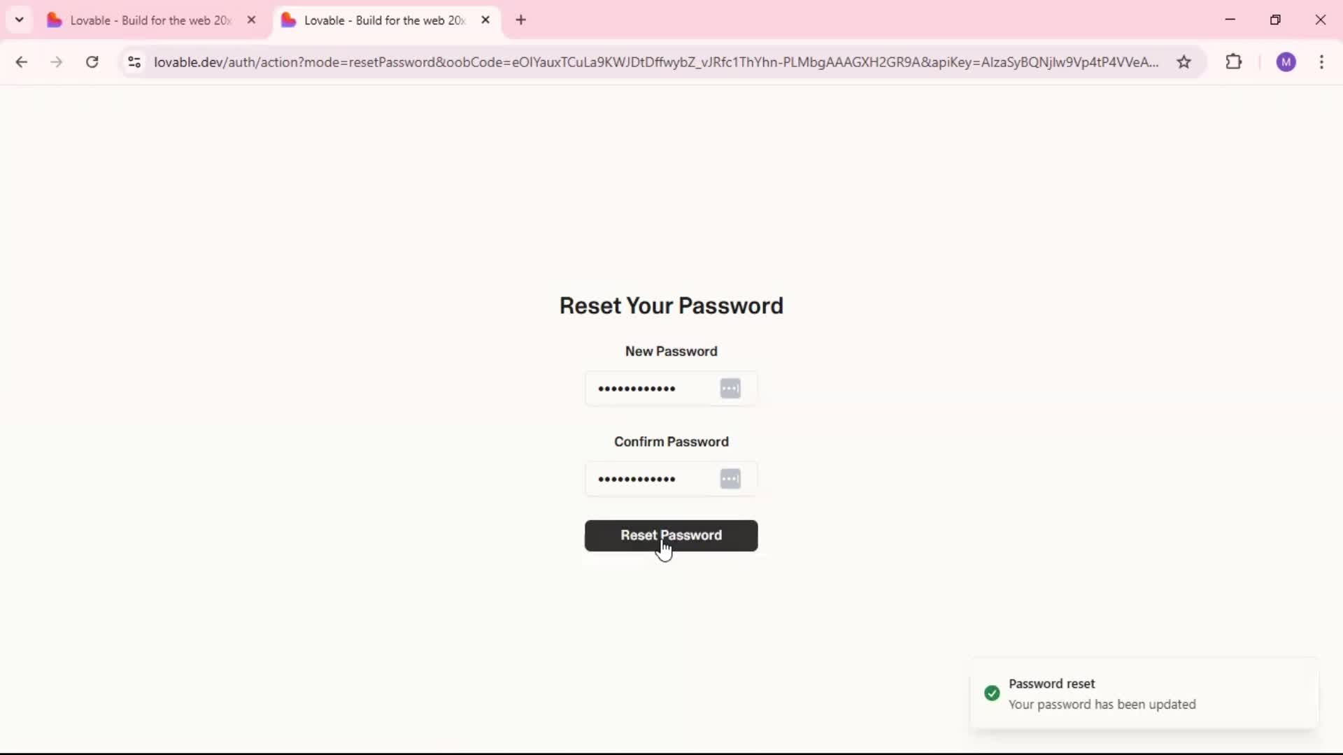 Resetting password screenshot