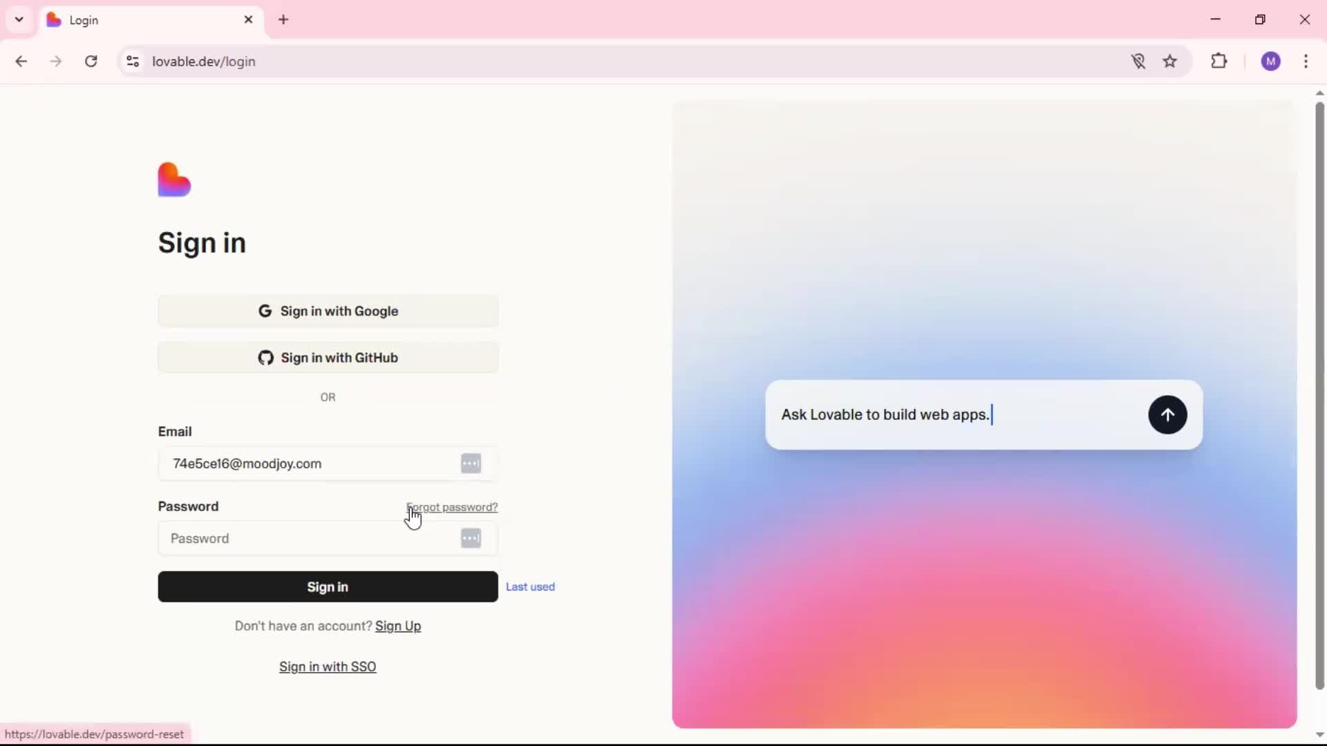 Resetting password screenshot