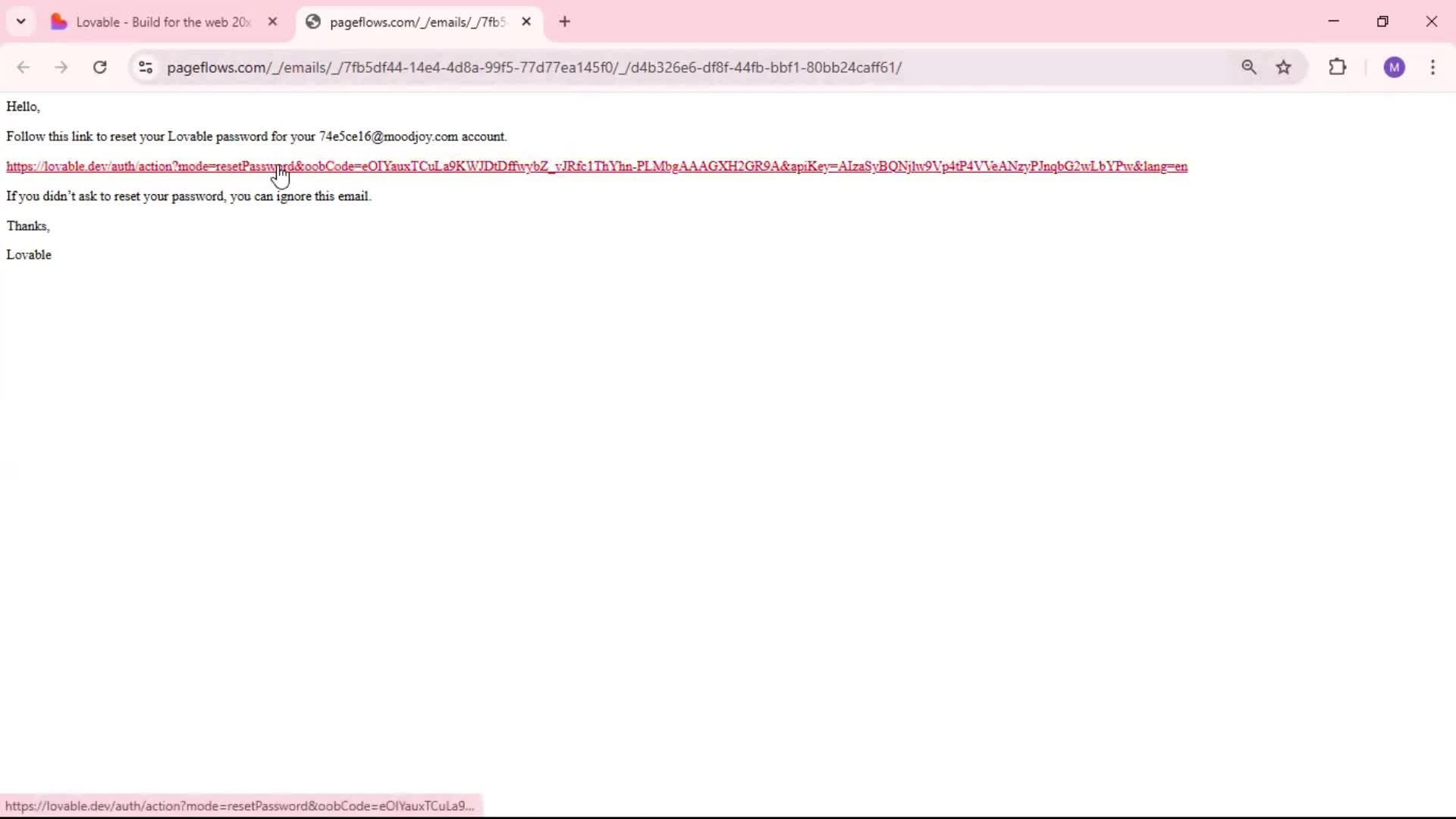 Resetting password screenshot