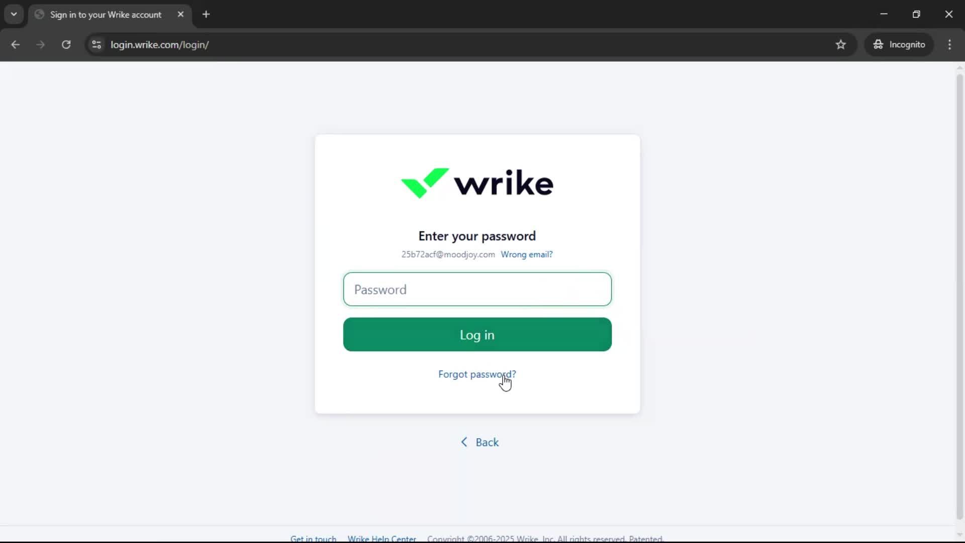 Resetting password screenshot