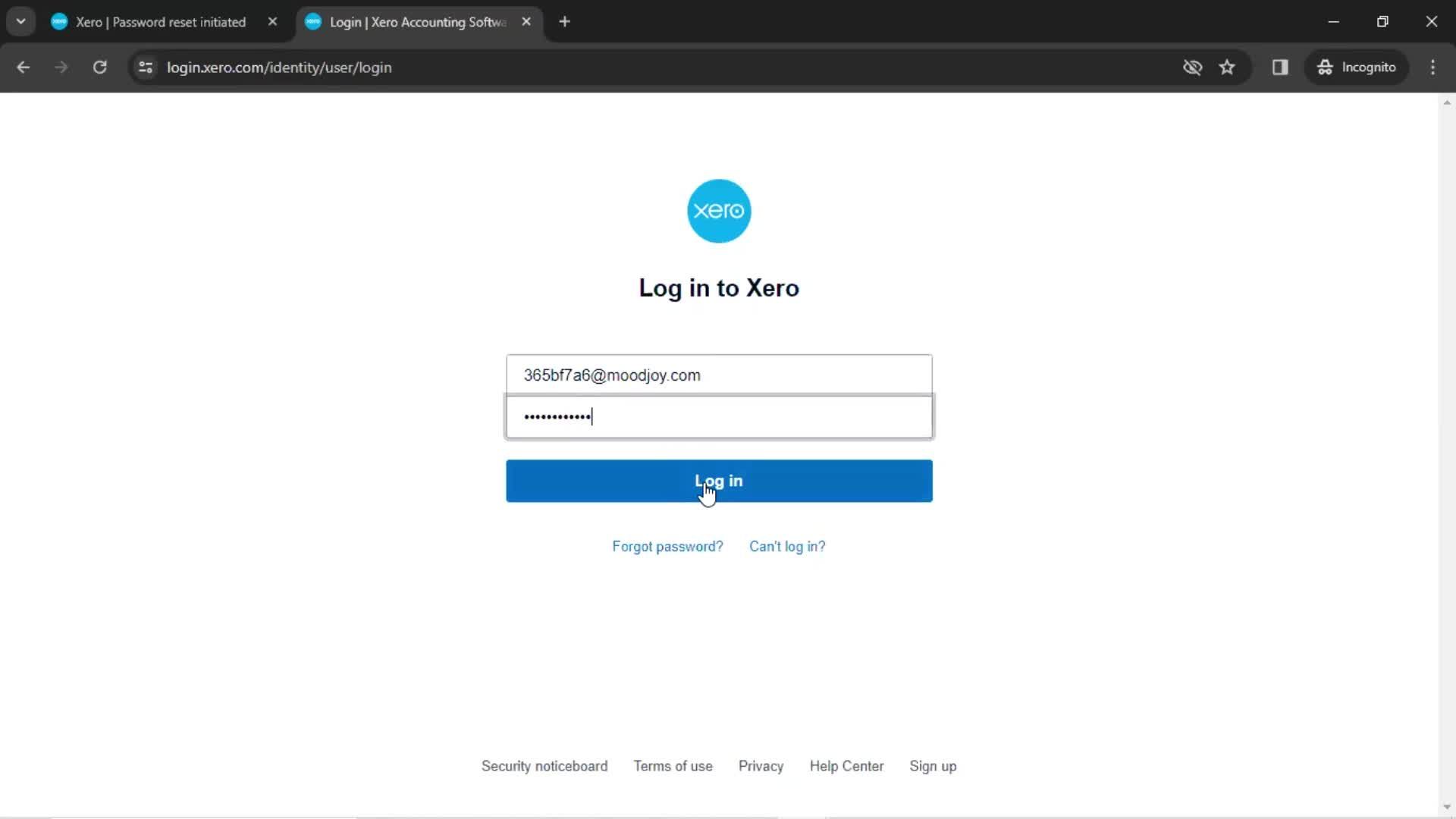 Resetting password screenshot
