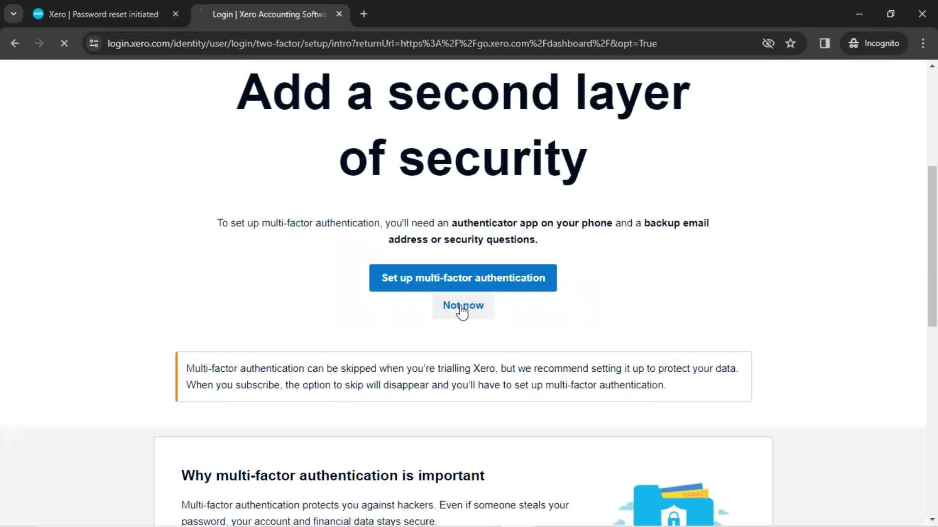 Resetting password screenshot