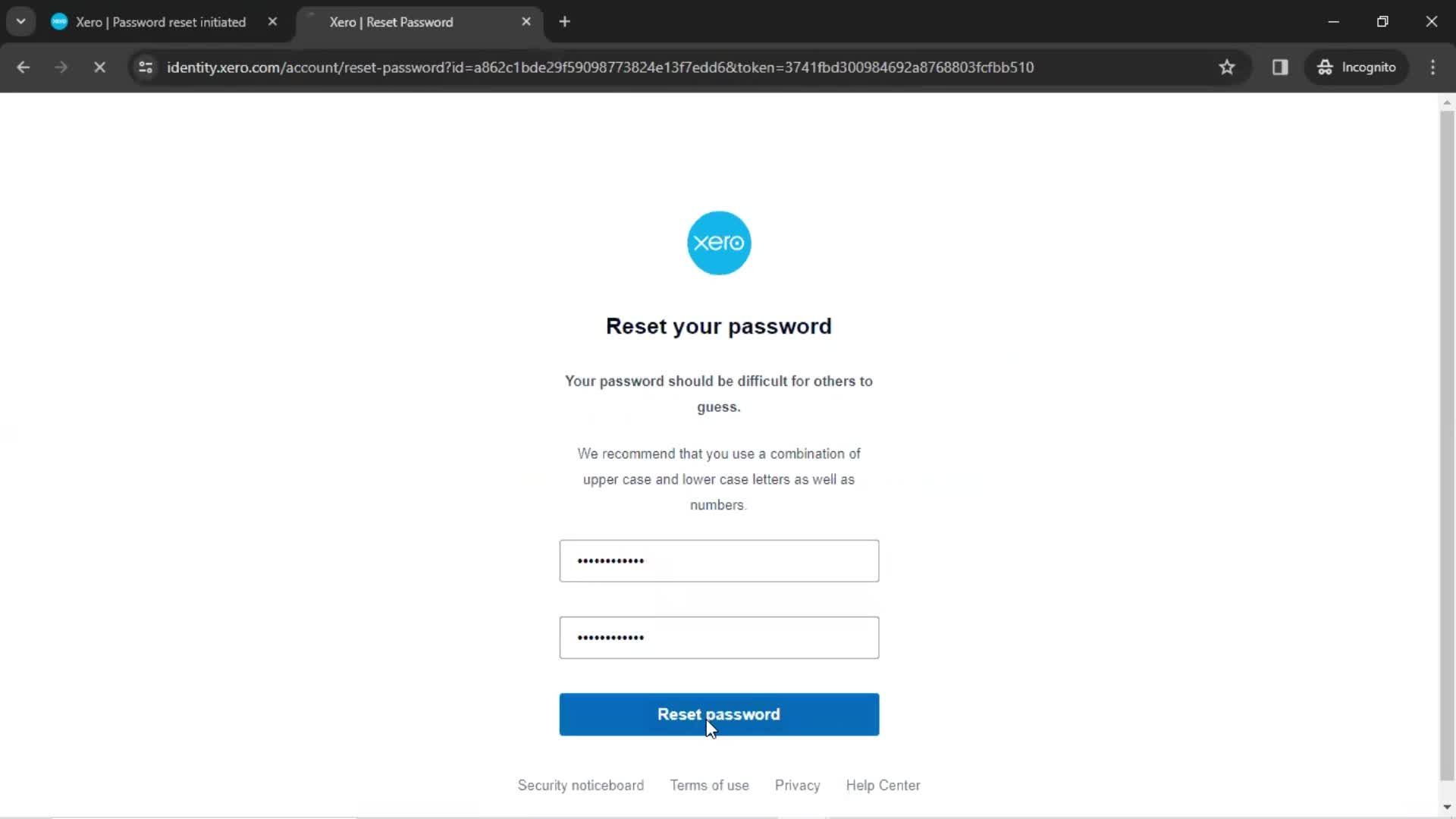 Resetting password screenshot